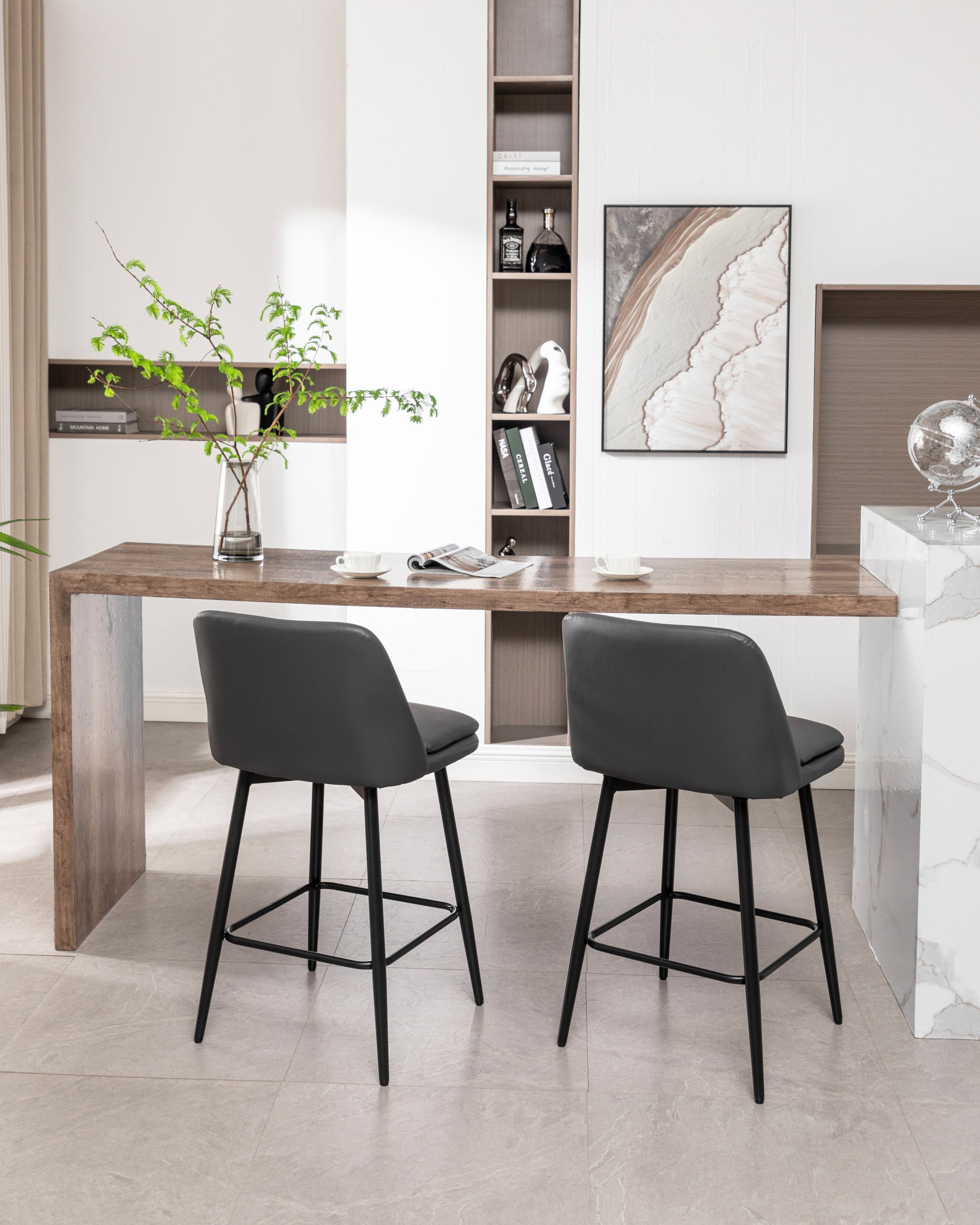 Counter Height Swivel Bar Stools Set Of 2, 360 Swivel Upholstered Barstools With Back And Metal Legs, 25.6" Seat Height,Counter Stools For Kitchen Island And Pub,Faux Leather,Grey Dark Grey Set Of 2 Pu Leather