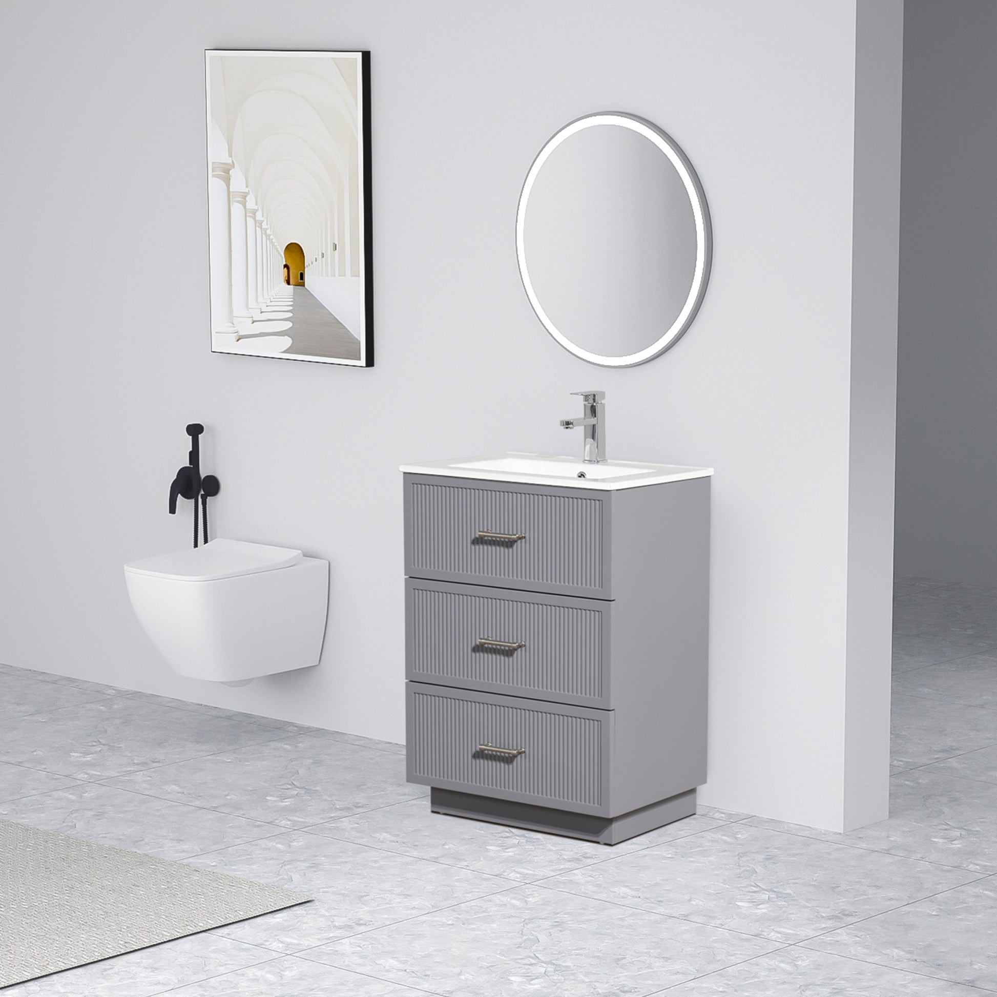 24 Inch Bathroom Vanity With Ceramic Sink Set, Modern Freestanding Bathroom Storage Cabinet With 2 Drawers, Floor Standing Bath Vanity Combo, Gray Grey Mdf