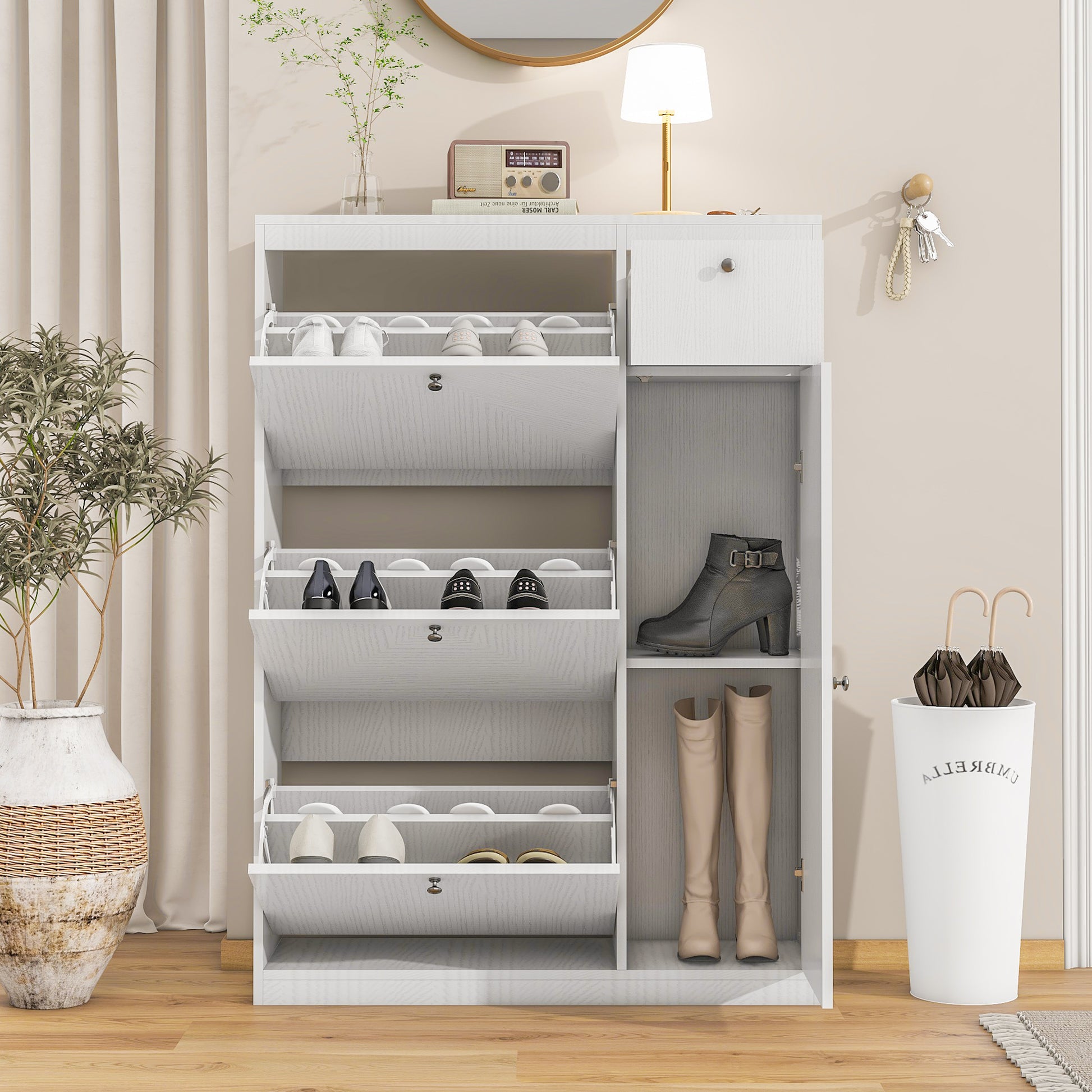 Shoe Cabinet,Freestanding Tipping Bucket Shoe Rack Organizer With 3 Flip Drawers,Entryway Narrow Shoe Storage With Adjustable Storage Shelf,Modern Slim Hidden Shoe Cabinet, White 5 Or More Spaces White Primary Living Space Particle Board