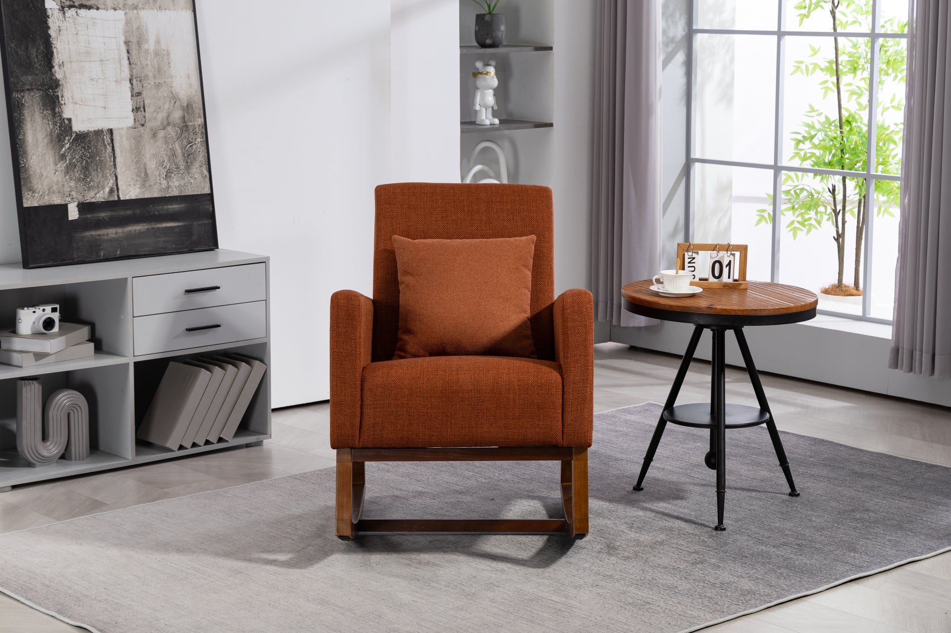 Mid Century Modern Accent Chair With Wood Frame, Upholstered Living Room Chairs With Waist Cushion, Reading Armchair For Bedroom Sunroom Brown Linen