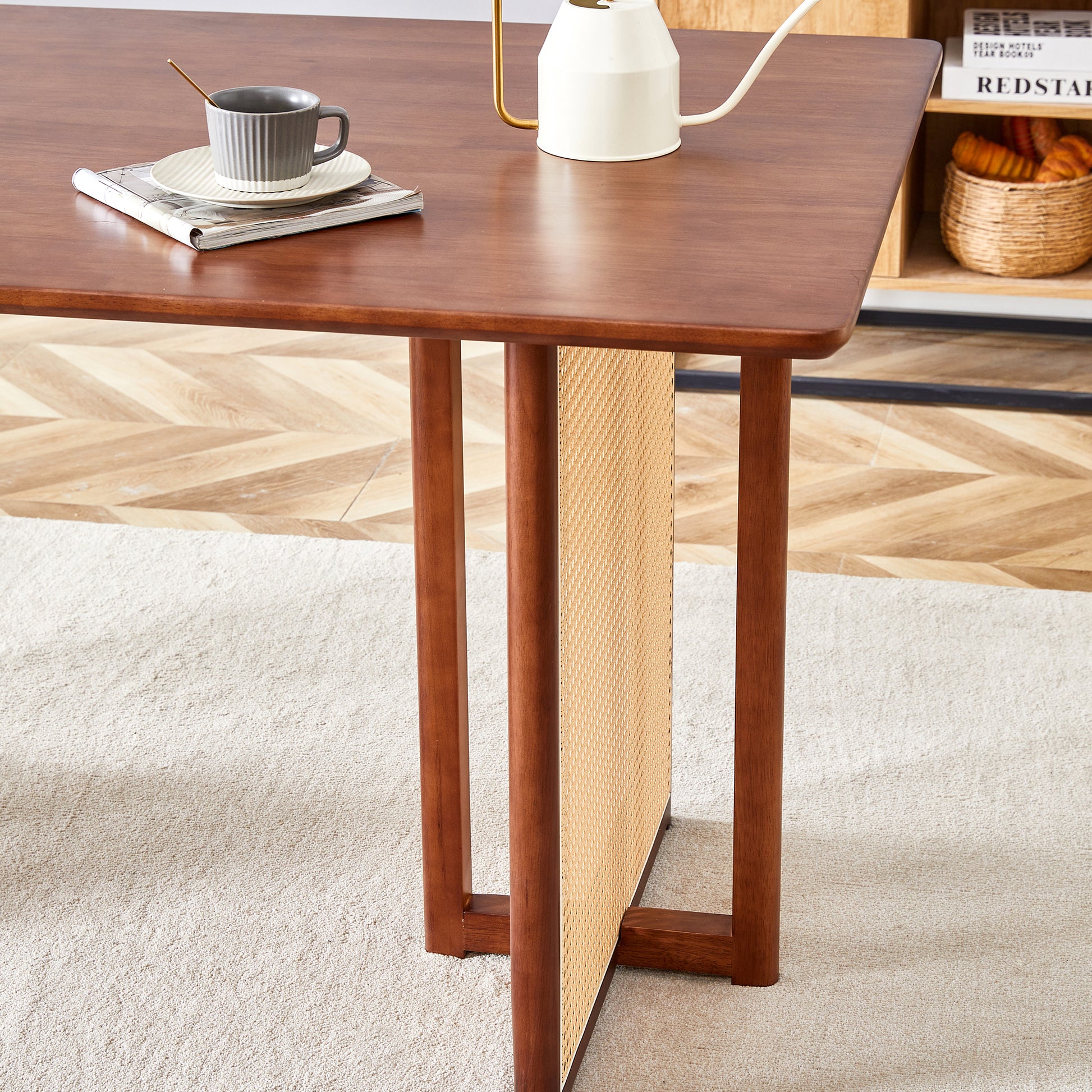 Chinese Country Retro Solid Wood Dining Table, Simple Modern Imitation Rattan Dining Table, Wooden Dining Table, Desk. Suitable For Dining Room, Living Room, Office Walnut Rubber Wood