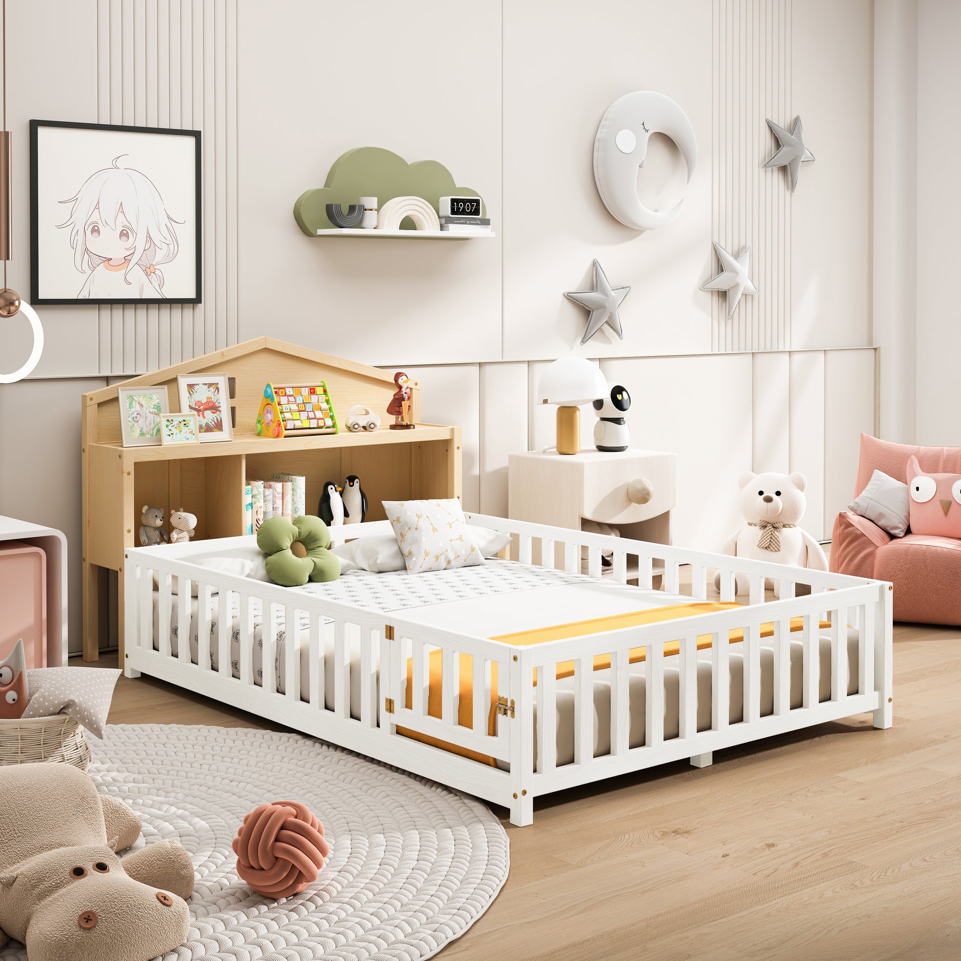 Headboard Storage Cabinet For Full Size Montessori Floor Bed Natural,Freely Collocation Natural Mdf