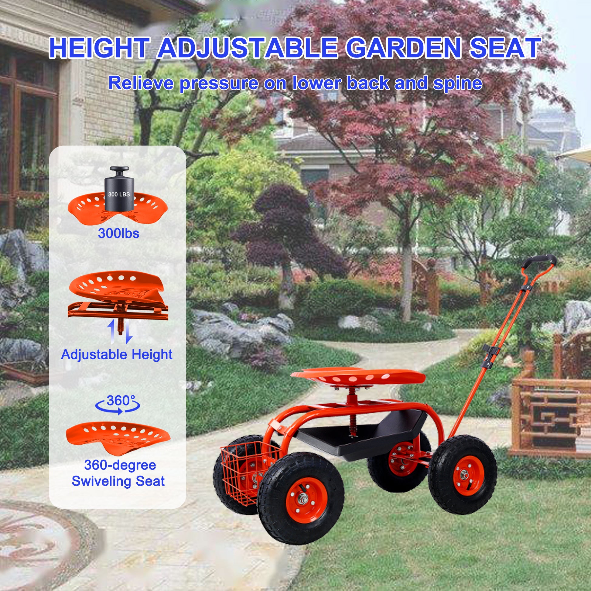 Garden Cart Rolling Scooter, Adjustable Height Heavy Duty Scooter, Rolling Garden Cart With 4 Wheels And Extendable Handle, Garden Stool Cart With 360 Degree Seat And Tool Tray Red Red Garden & Outdoor Iron