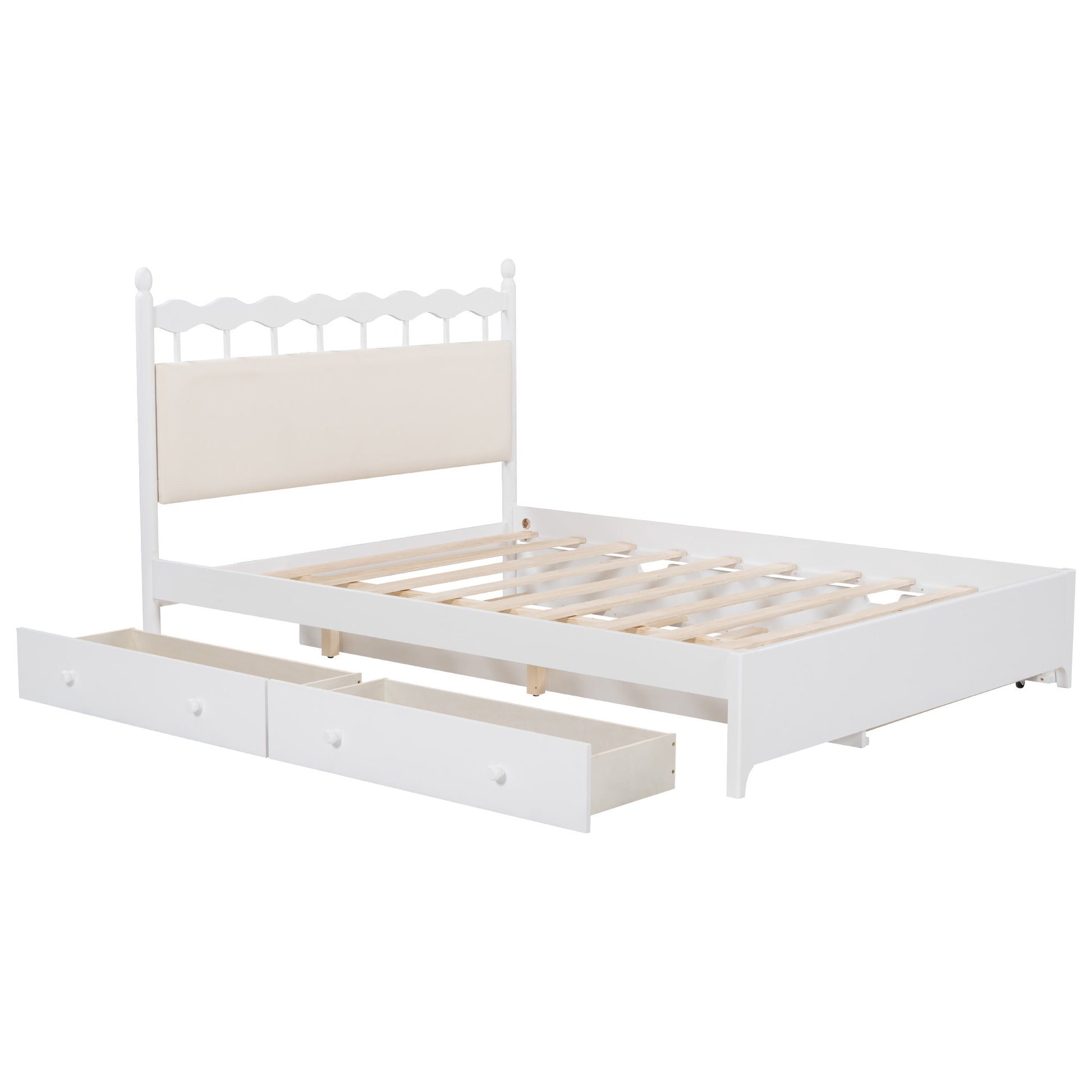 Queen Size Wooden Storage Platform Bed, With 2 Big Drawers, T Size Trundle, White Queen White Plywood