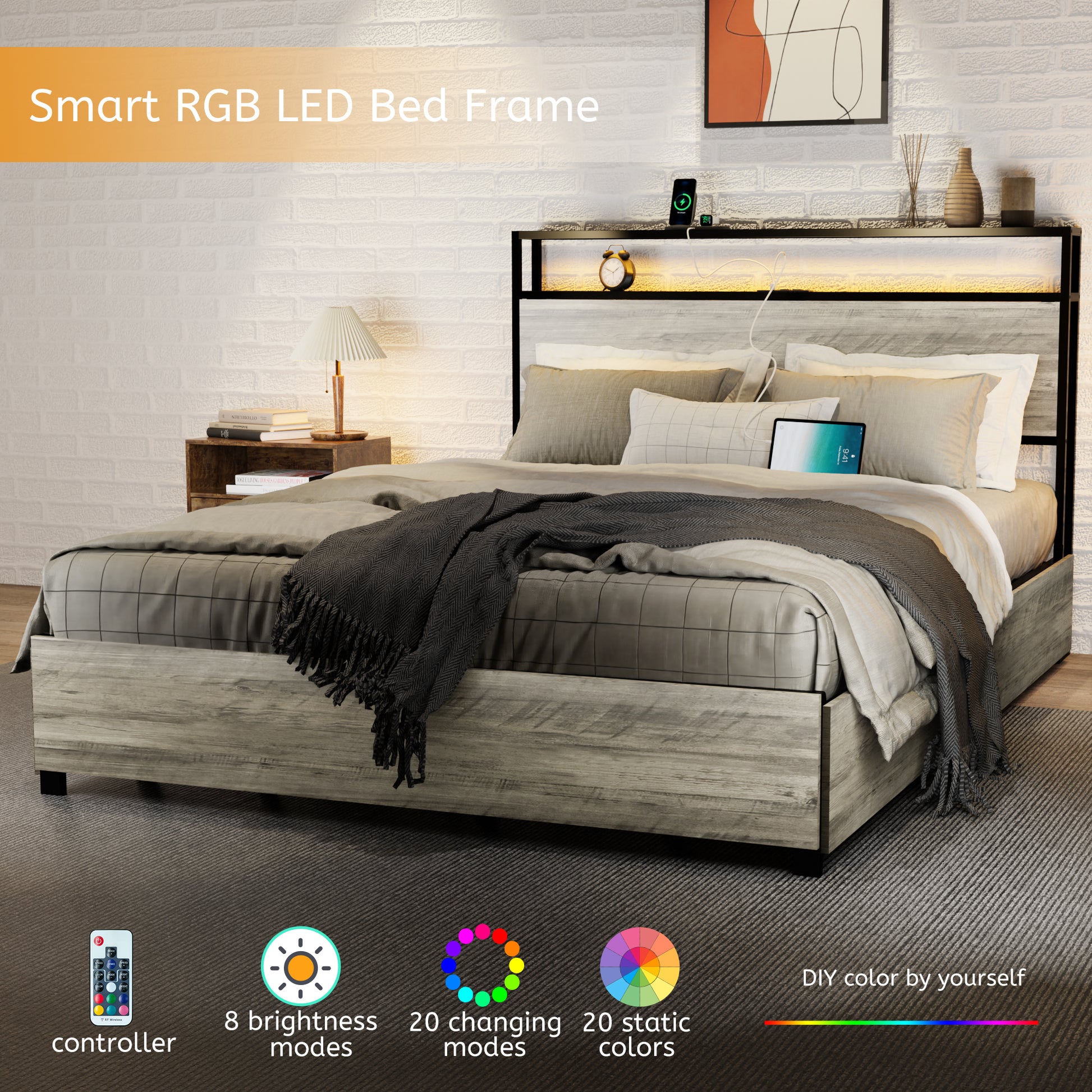 Queen Size Bed Frame With 4 Storage Drawers And 2 Usb Ports, Upholstered Platform Bed Frame With Storage Headboard Charging Station And Metal Slat Support, No Box Spring Needed, Dark Grey. Box Spring Not Required Queen Dark Grey Metal Bedroom Bed Frame