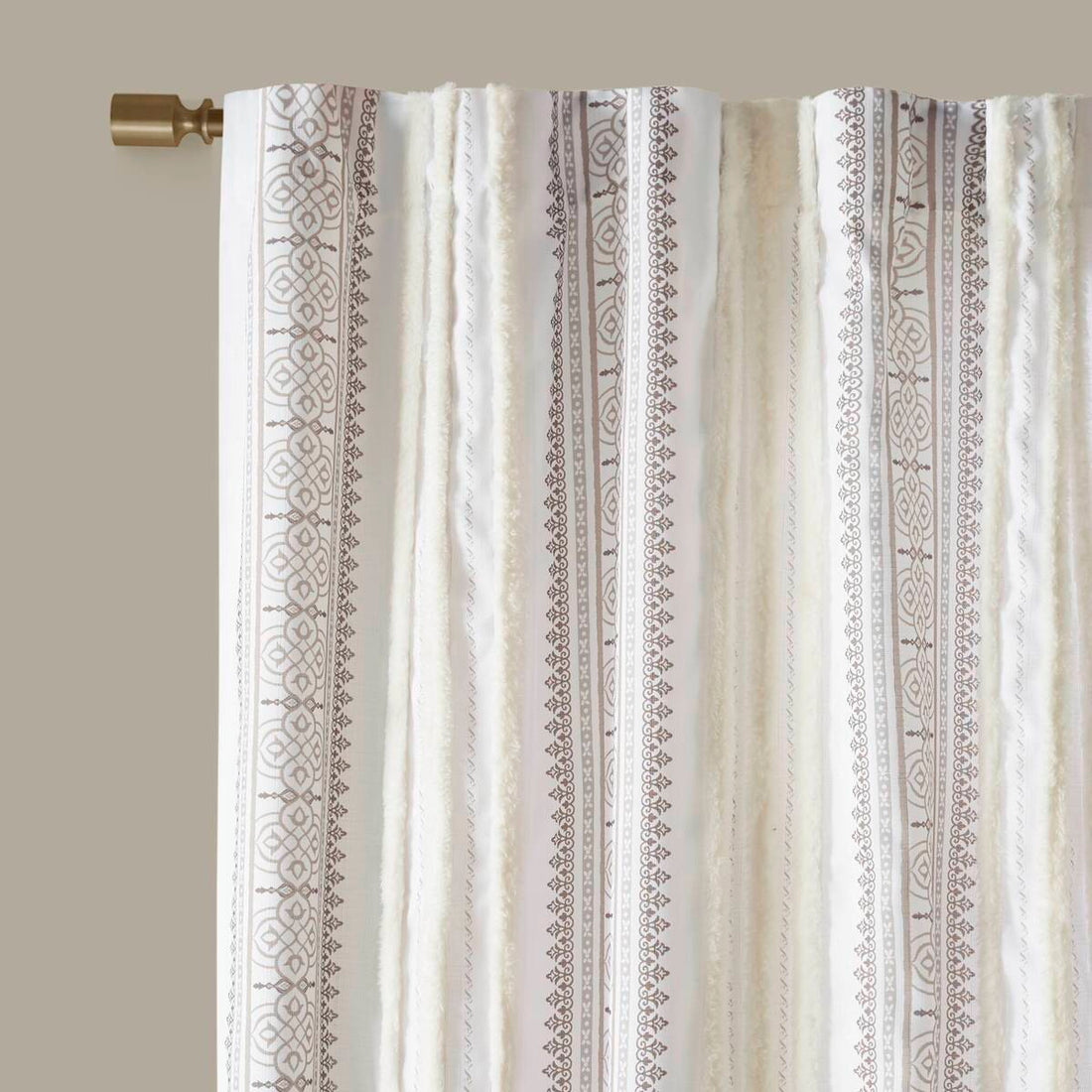 Poly Printed Curtain Panel With Tufted Stripe And Lining White Brown 50X95" Multicolor Polyester