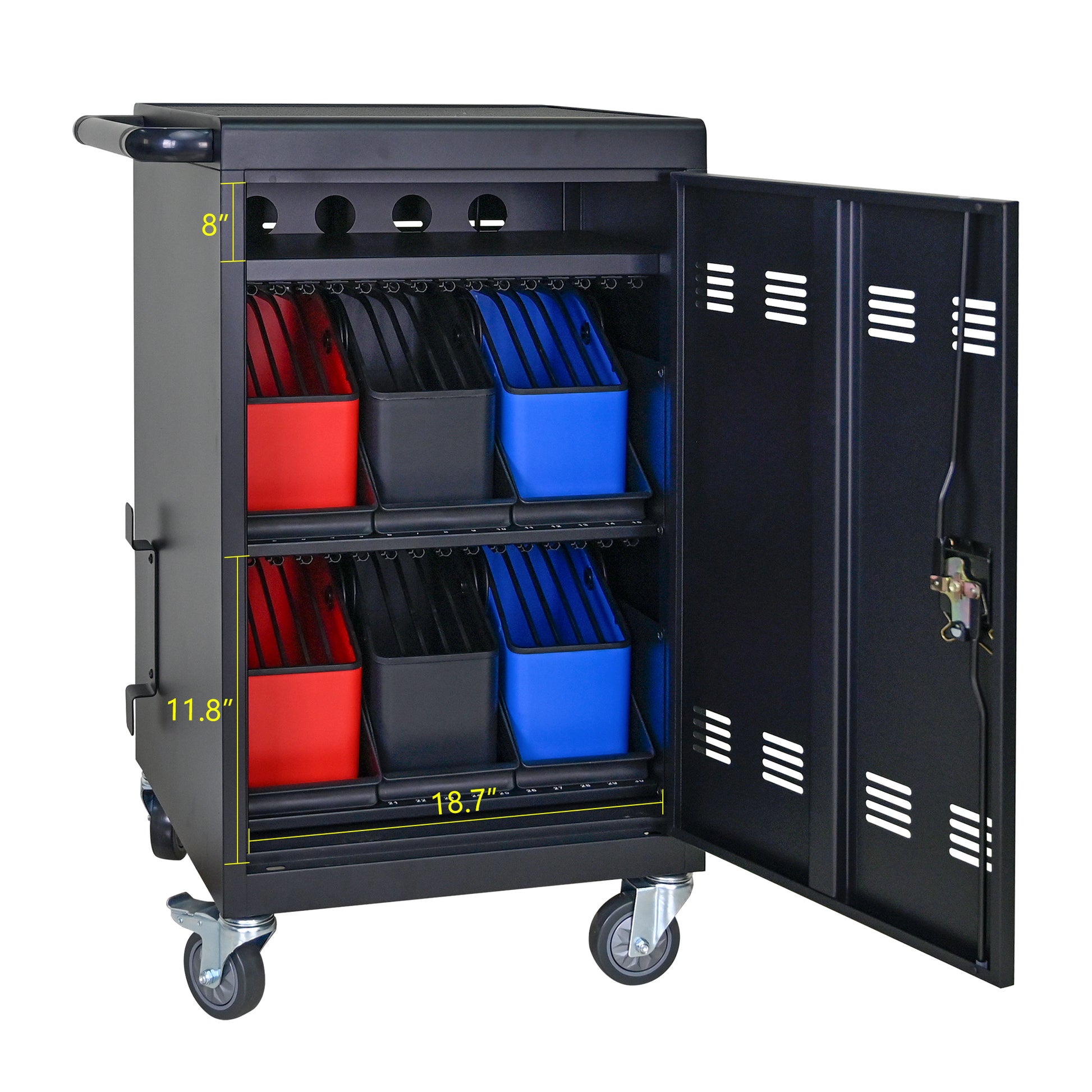 Tablet Laptop 32 Bit Plastic Device Basket Device For Mobile Charging Trolley Includes Cable Management Dividers, Cable Clips, Storage Compartment, And Removable Doors Black Matt Black Steel Metal