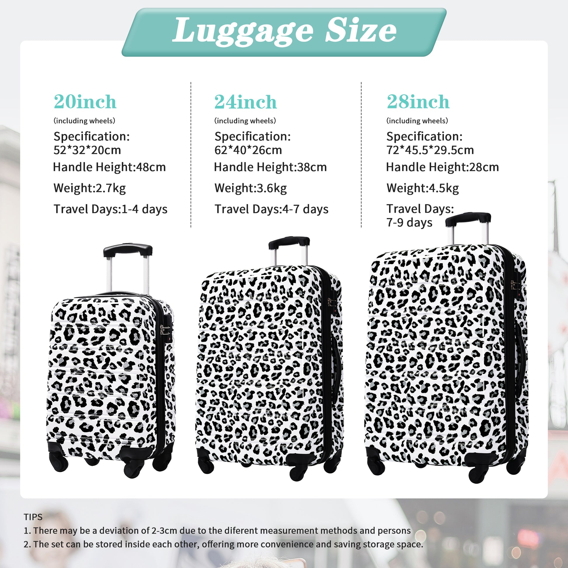 Hardshell Luggage Sets 3 Pcs Spinner Suitcase With Tsa Lock Lightweight 20" 24" 28" Luggages White Black Leopard Pc