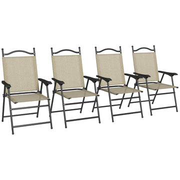 Outsunny Folding Patio Chairs, Set Of 4 Sports Chairs For Adults, Camping Chairs With Armrests,Mesh Fabric Seat For Lawn, Beige Beige Metal