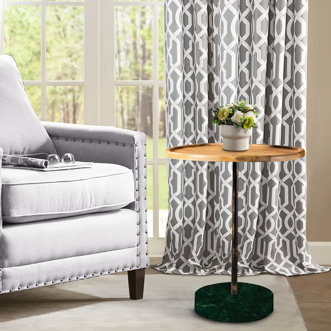 26 Inch Modern Accent Table, Round Tray Top, Dark Green Marble Base, Brown Black Brown Wood Metal