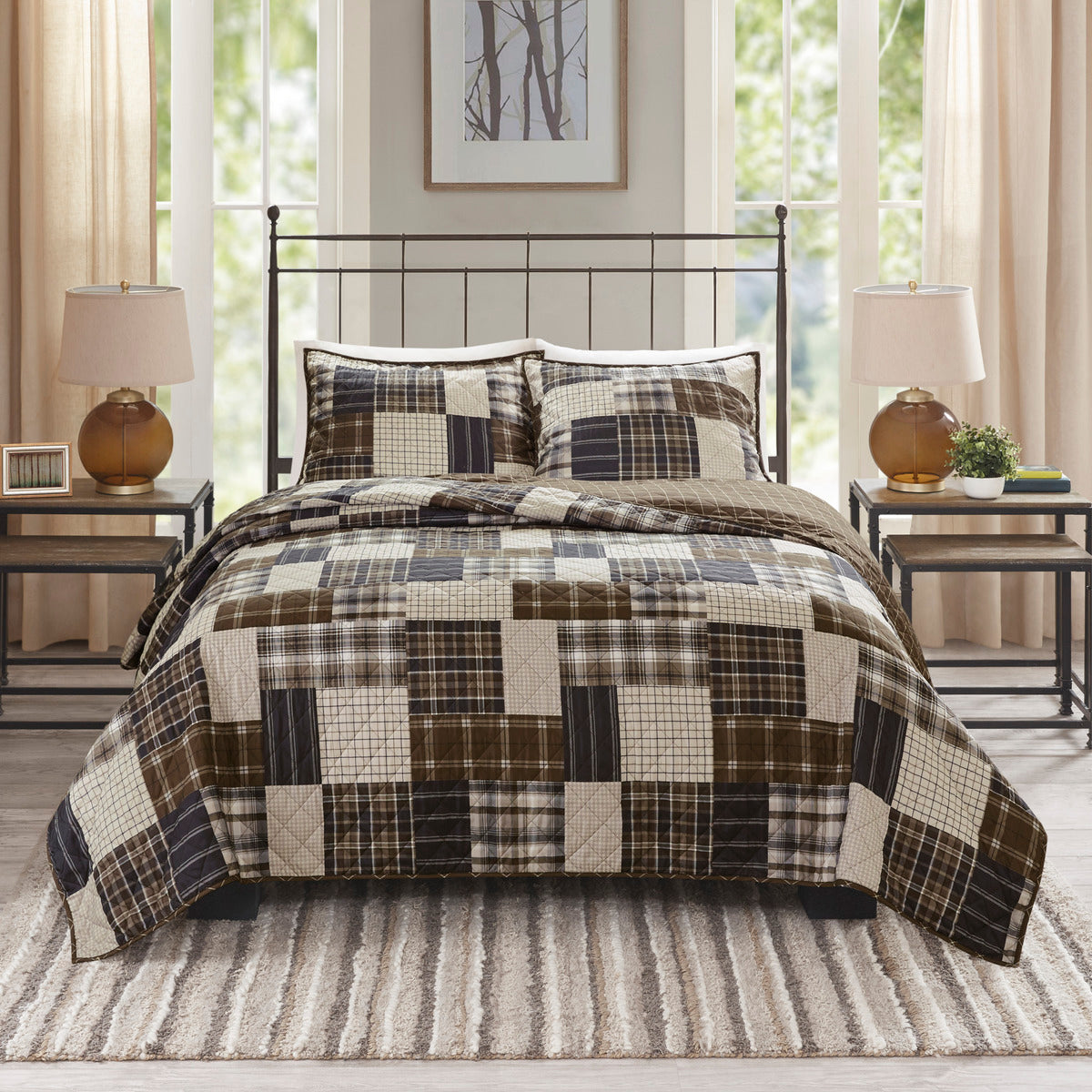 3 Piece Reversible Printed Quilt Set Black Brown Full Queen Black Brown Microfiber