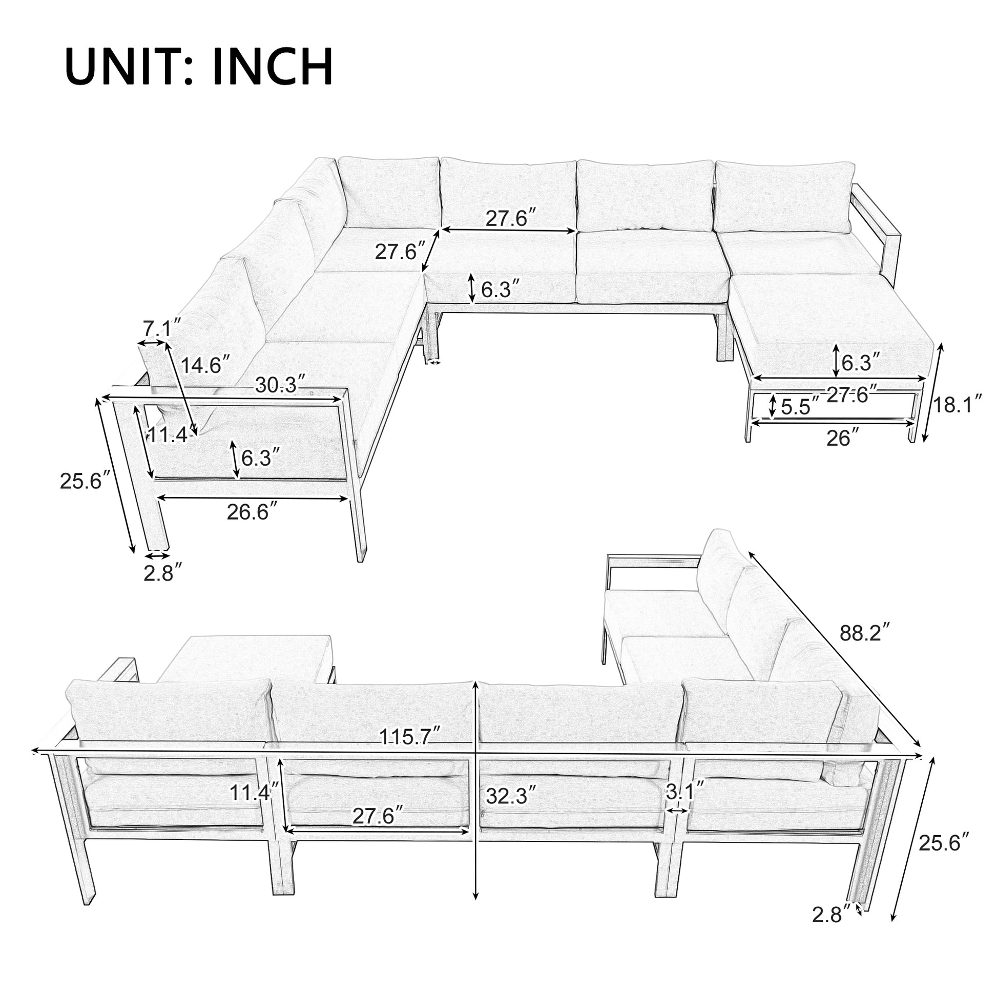 U Shaped Multi Person Outdoor Sofa Set, Suitable For Gardens, Backyards, And Balconies. White Seats 6 Aluminum