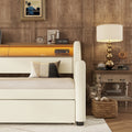 Twin Size Daybed With Trundle, Upholstered Daybed With Charging Station And Led Lights, White Twin White Pu Leather