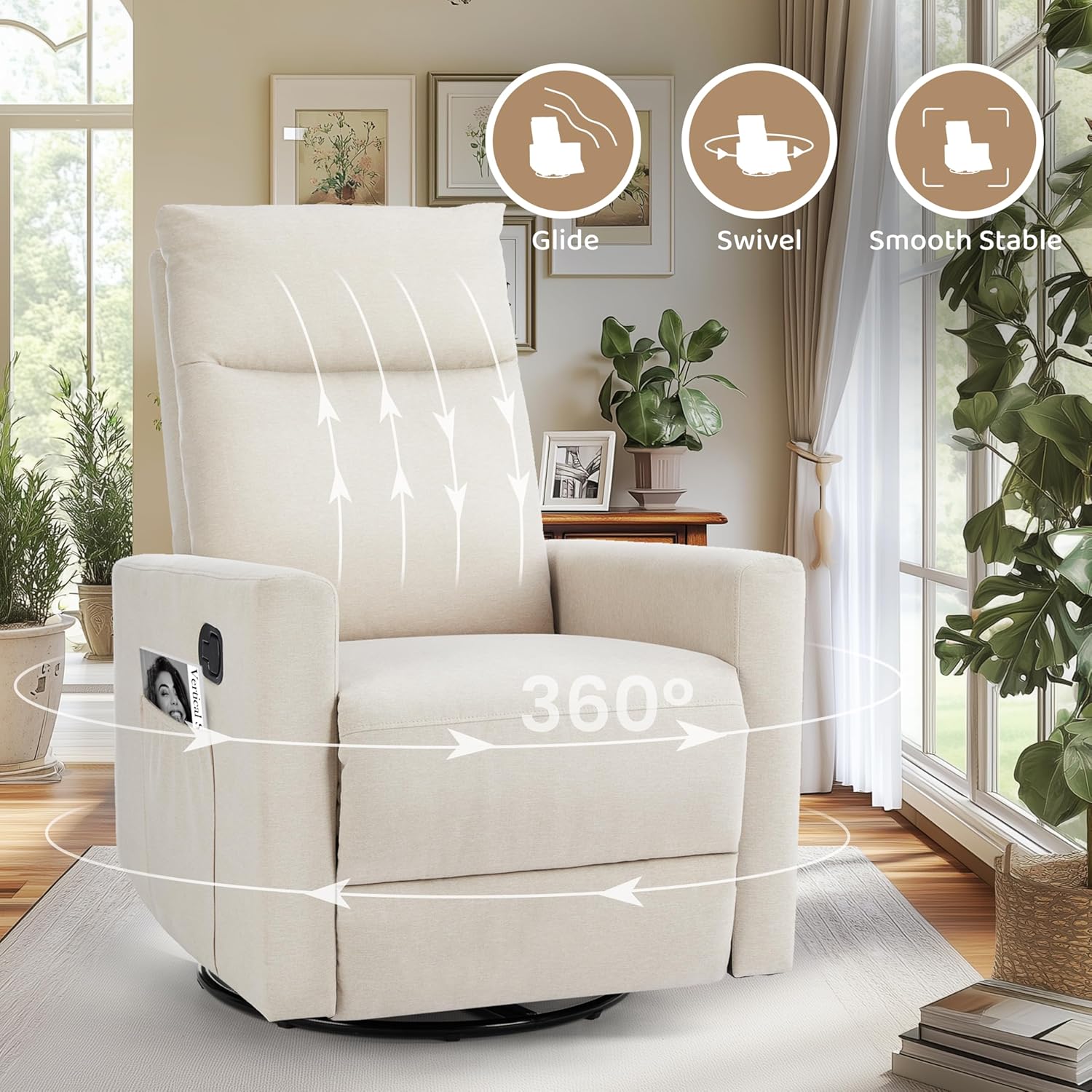 Swivel Rocking Chair, 360 Swivel Recliner Chairs For Bedroom, Office, Glider Nursery Chair For Bedroom Room, Faux Leather Reclining Sofa With Large Footrest, Beige Beige Metal