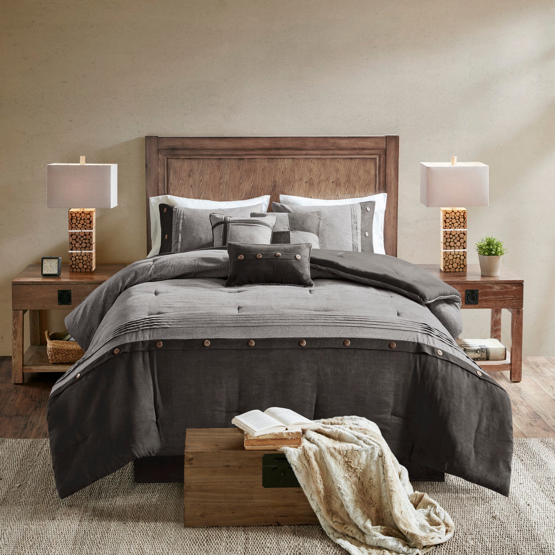 7 Piece Faux Suede Comforter Set Grey Cal King California King Grey Polyester