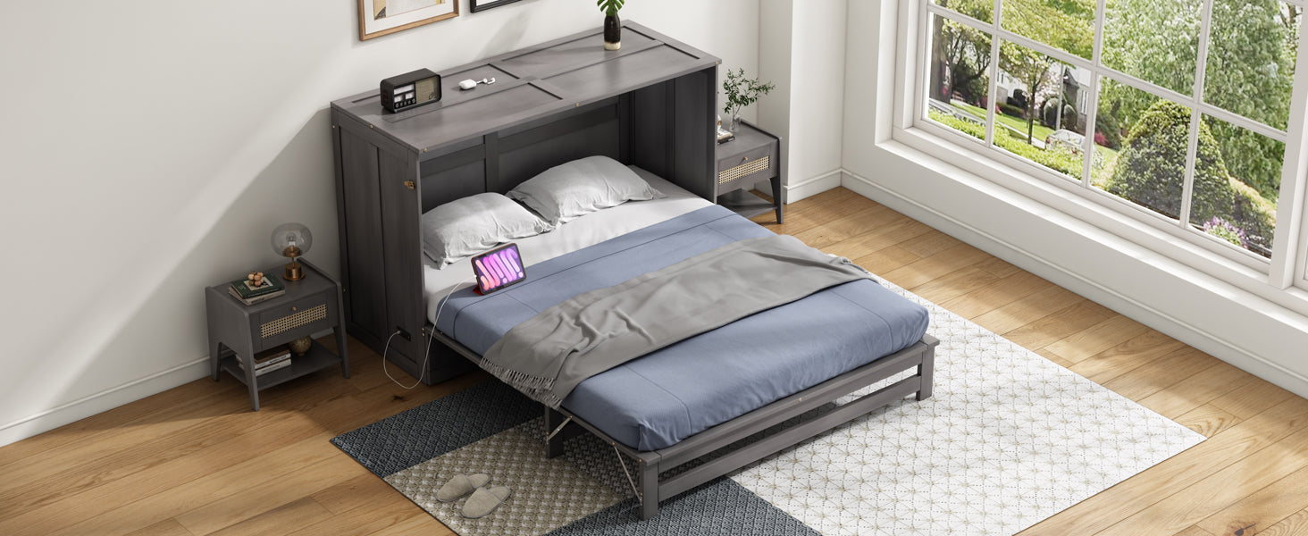 Queen Size Murphy Bed With Built In Charging Station, Antique Grey Box Spring Not Required Queen Antique Gray Wood Pine Wood