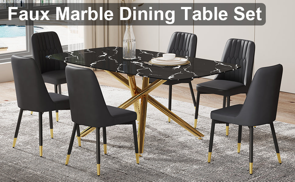 Large Modern Minimalist Rectangular Dining Table With 0.39 "Imitation Marble Black Tabletop And Golden Metal Legs, Paired With Chairs With Pu Cushions And Black Metal Legs. F 1537 C 007 Black Gold Glass Metal
