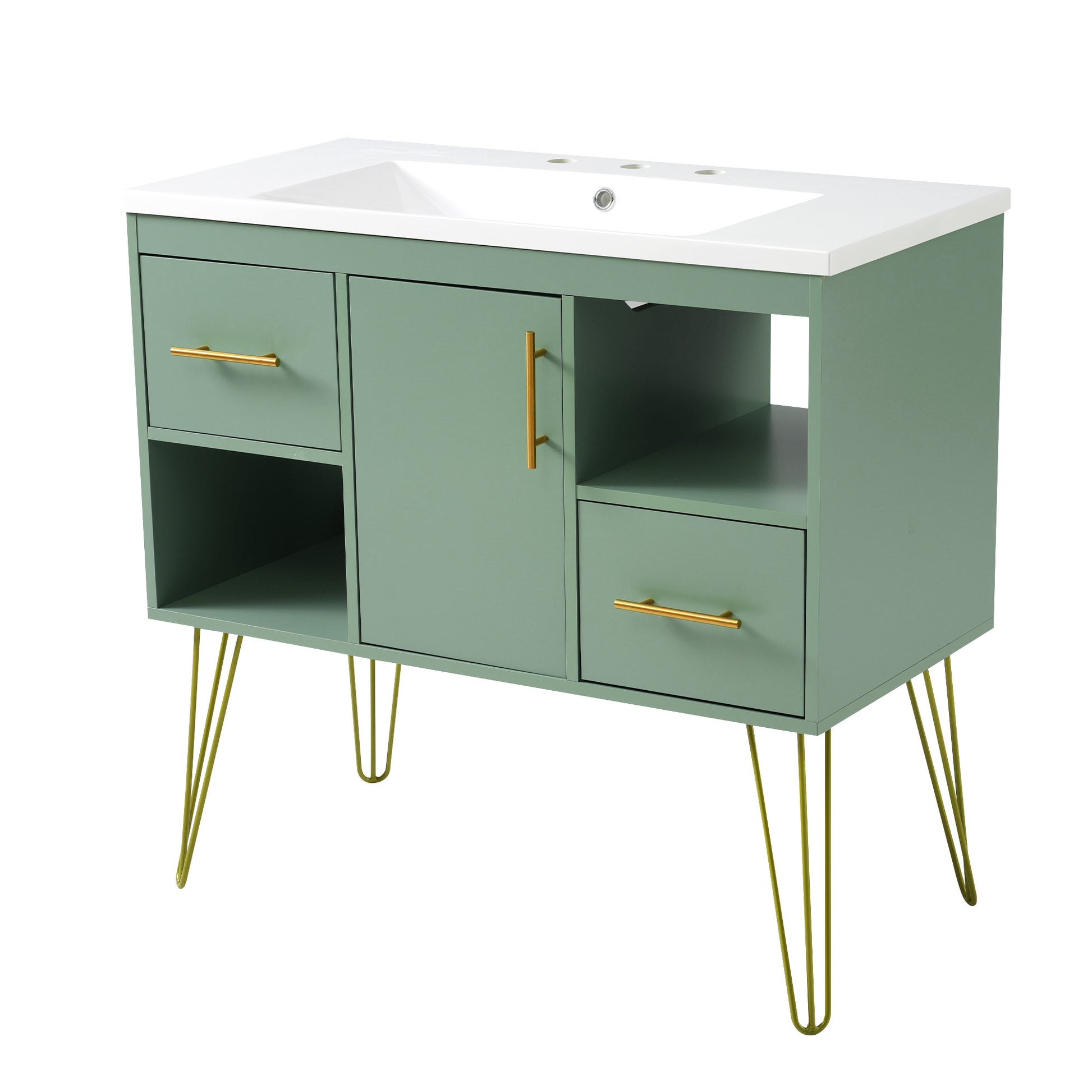 36'' Bathroom Vanity With Resin Sink Combo Set, Modern Freestanding Single Bathroom Cabinet With 2 Drawers & 2 Storage Compartments, Storage Cabinet For Bathroom, Solid Wood Frame Vanity Set, Green Green Bathroom Modern Mdf
