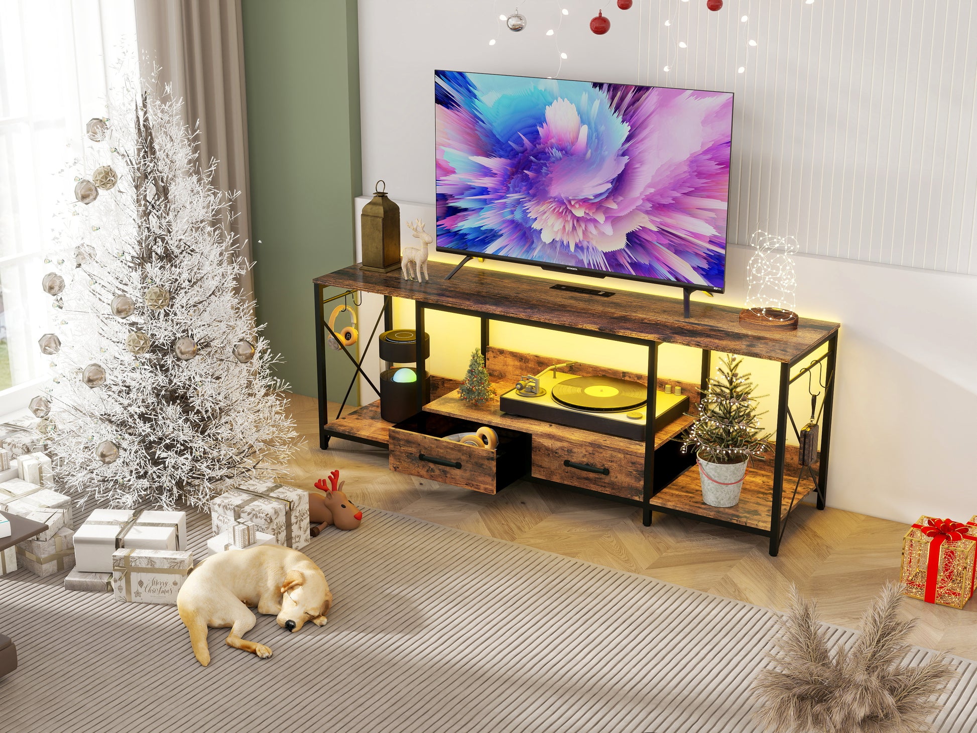Tv Stand With Led Lights Power Outlets Tv Stand With Fabric Drawers For 65 70 75 Inches Tv Entertainment Center And Industrial Tv Console Table With Open Storage Shelves For Living Room, Bedroom