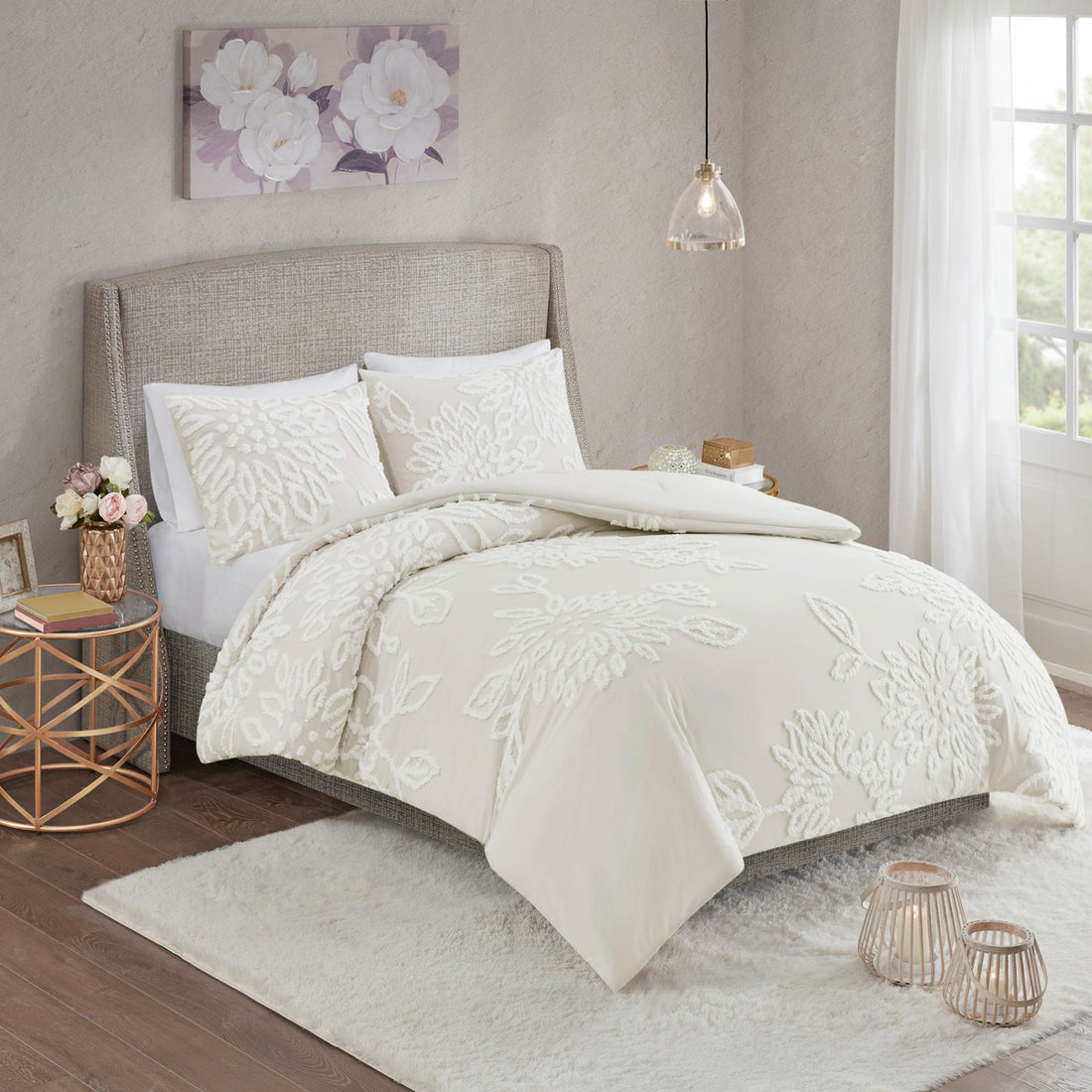 3 Piece Tufted Cotton Chenille Floral Comforter Set Off White Full Queen Full Off White Cotton