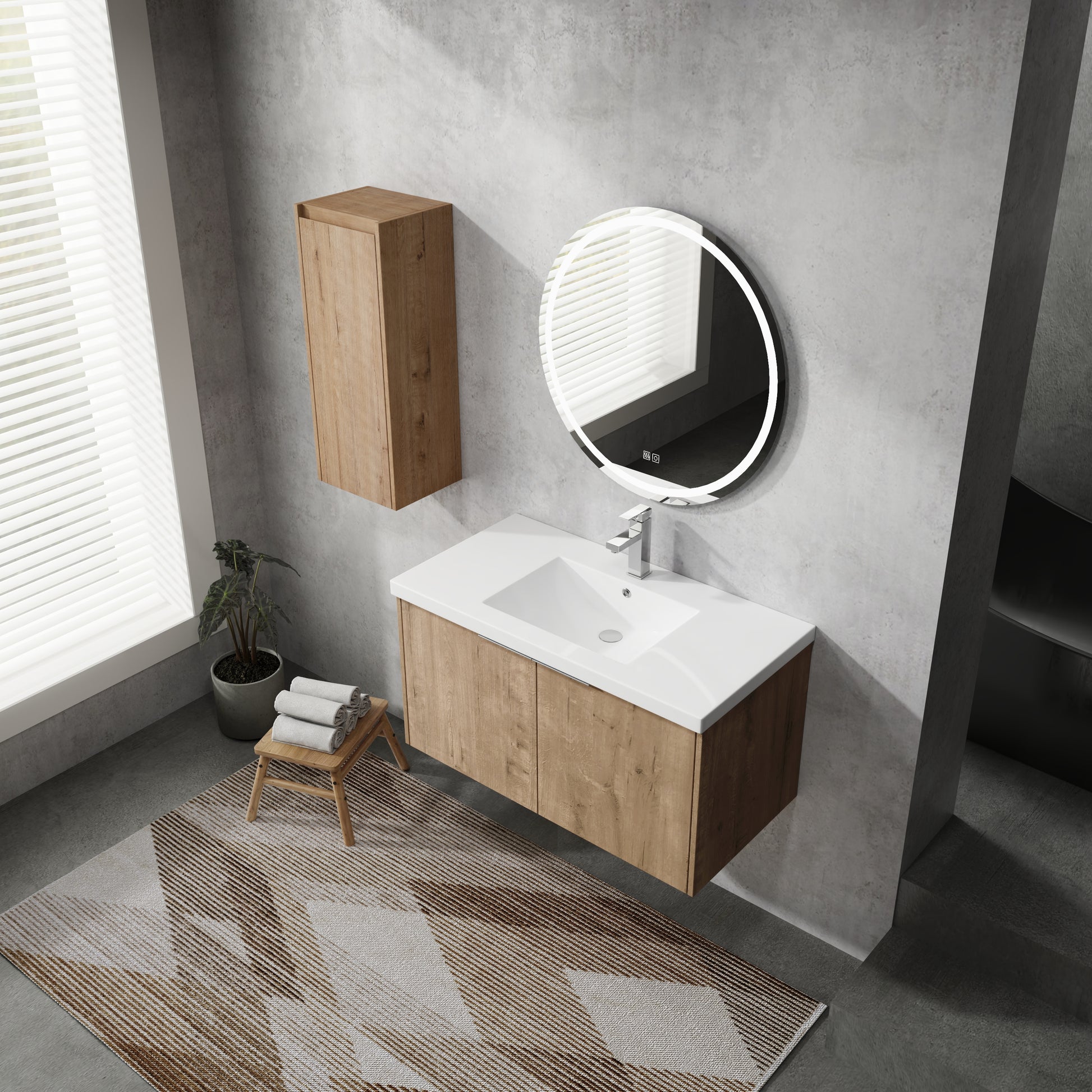 36" Wall Mounted Bathroom Vanity With Sink And Side Cabinet, Soft Close Doors,00112Imo 00636Imo Combination Cabinet Kd Packing Imitative Oak Bathroom Modern Plywood Plywood