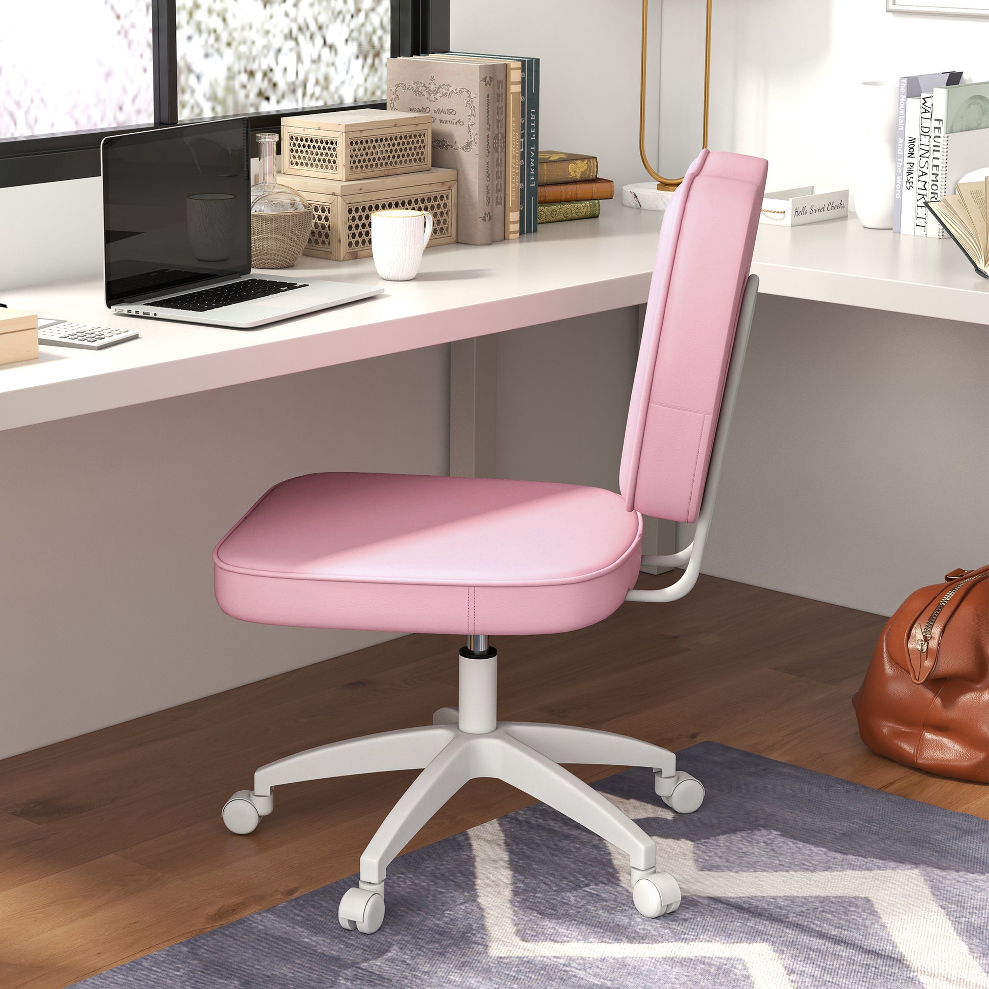 Vinsetto Cute Armless Office Chair, Small Pu Leather Computer Desk Chair, Vanity Task Chair With Adjustable Height, Swivel Wheels, Mid Back, Pink Pink Faux Leather