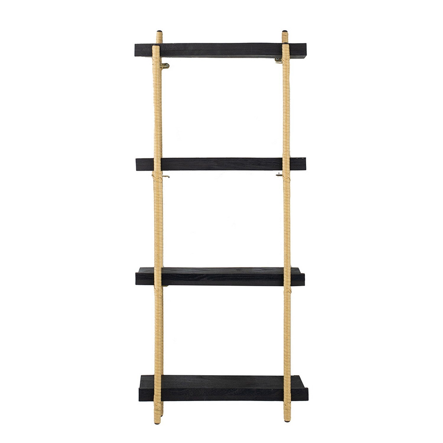 44 Inch Modern Wood Four Tier Shelf, Natural Rattan Braiding, Gold, Black Black Wood Metal