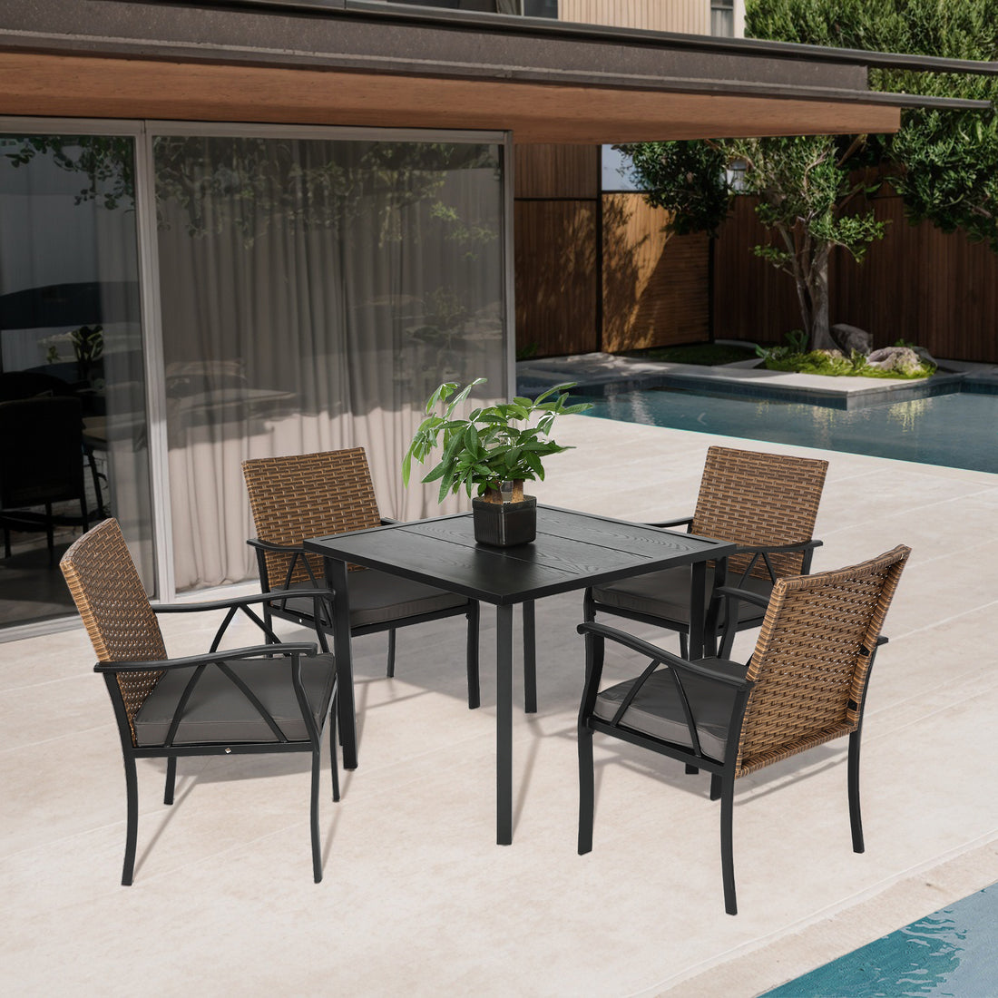 5 Piece Wicker Outdoor Table And Chairs, Patio Dining Set W Square Steel Tabletop And Umbrella Hole, Patio Table And Chairs Set For Backyard Deck Balcony Front Porch Brown Gray Cotton Steel