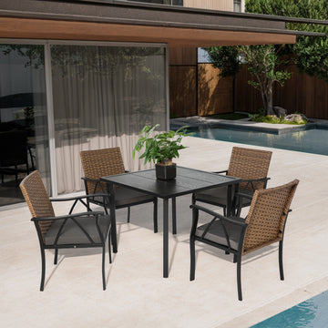 5 Piece Wicker Outdoor Table And Chairs, Patio Dining Set W Square Steel Tabletop And Umbrella Hole, Patio Table And Chairs Set For Backyard Deck Balcony Front Porch Brown Gray Cotton Steel