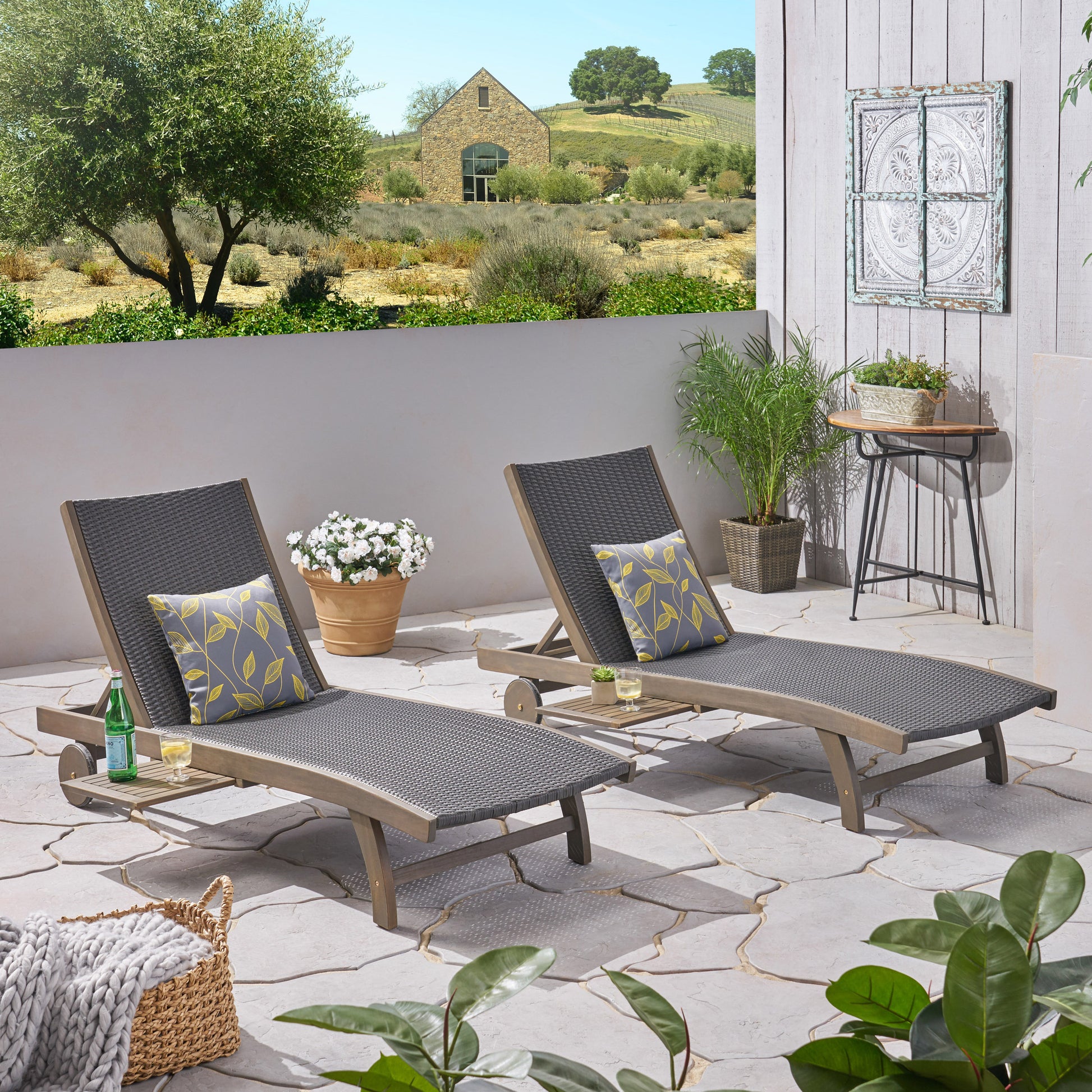 Banzai Chaise Lounge With Pull Out Tray Grey Acacia Wood