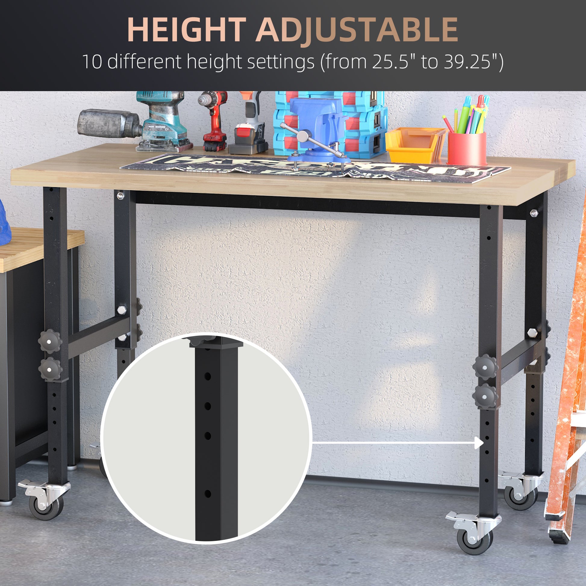 Homcom 47.25" Work Bench With Height Adjustable Legs, Bamboo Tabletop Workstation Tool Table On Wheels For Garage, Weight Capacity 1320 Lbs, Black Natural Natural Wood Bamboo