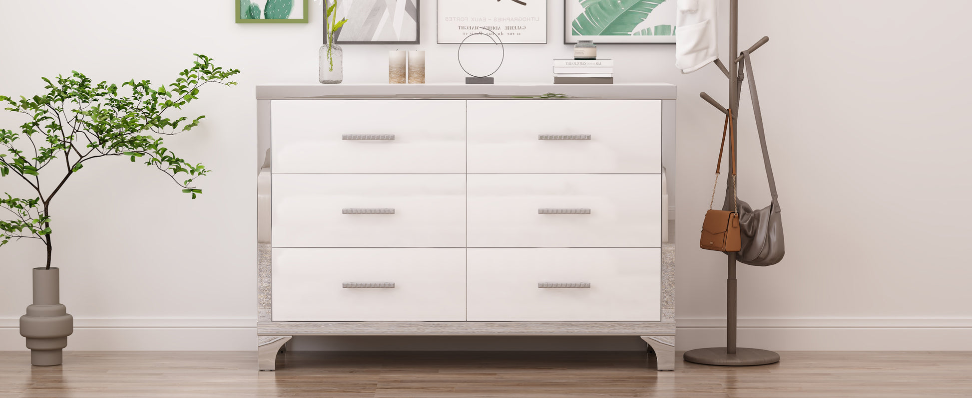 Elegant High Gloss Dresser With Metal Handle,Mirrored Storage Cabinet With 6 Drawers For Bedroom,Living Room,White White Mdf