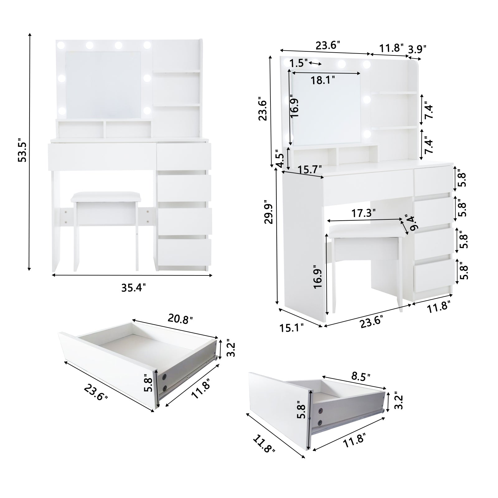 Vanity, Makeup Vanity Desk Set With Mirror & Light, Dressing Table Storage Lots With Power Strip, 3 Lighting Modes With Adjustable Brightness, 37 Inches White With Stool White Drawer 4 Drawers Bedroom Extra Deep Drawers Modern 2 Or Less Mirror Included