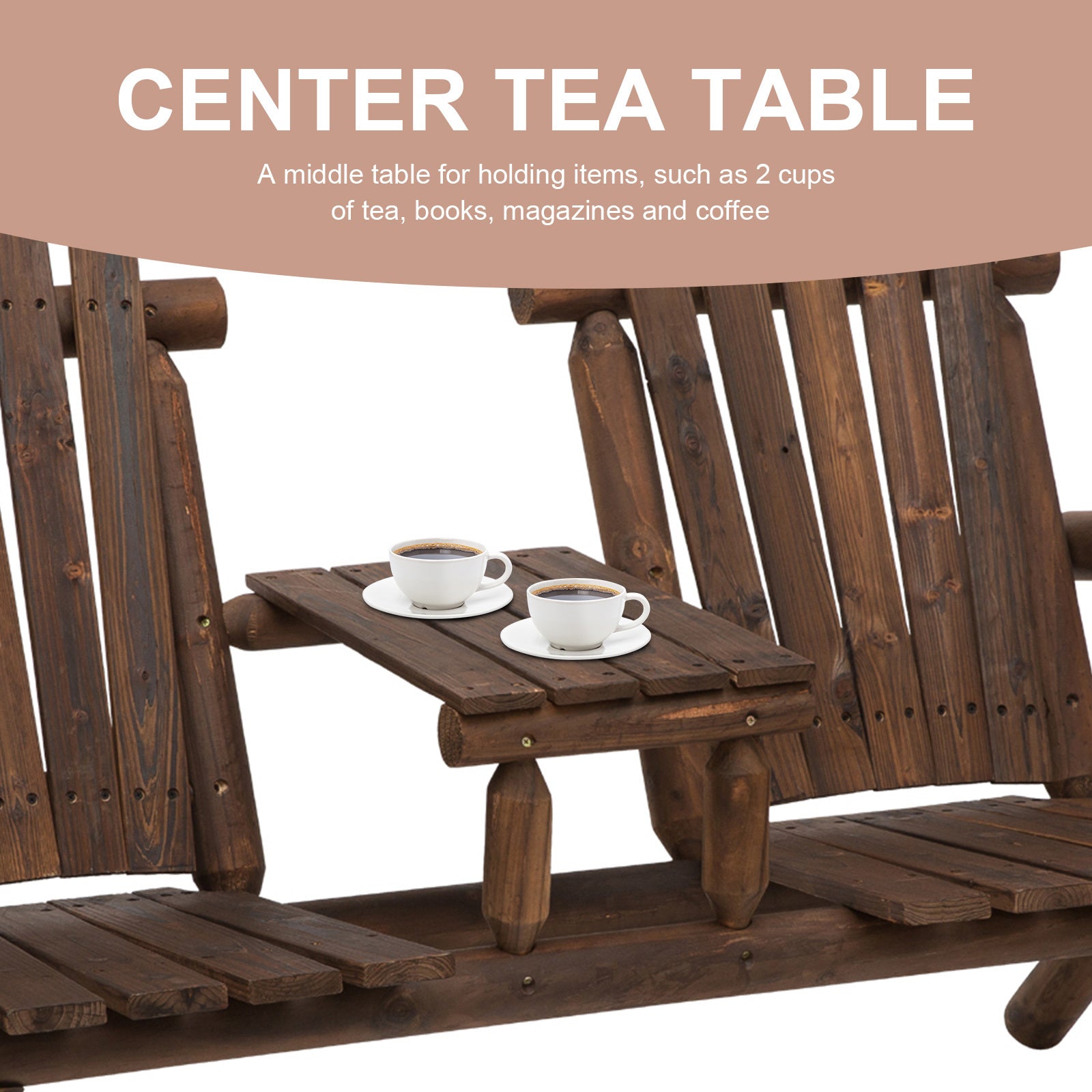 Outsunny 2 Seat Wooden Adirondack Chair, Patio Bench With Table, Outdoor Loveseat Fire Pit Chair For Porch, Backyard, Deck, Carbonized Brown Wood