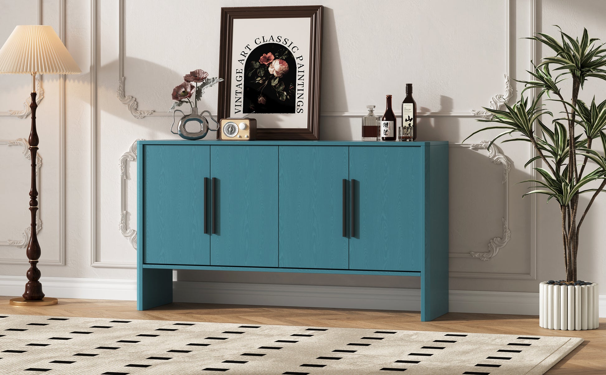 4 Door Large Storage Retro Sideboard With Adjustable Shelves And Long Handles For Kitchen, Dining Room And Living Room Antique Blue Antique Blue Mdf