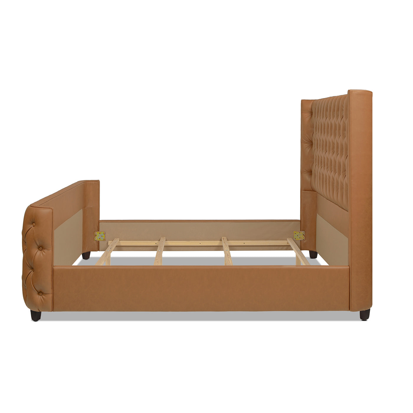 Brooklyn King Tufted Panel Bed Headboard And Footboard Set, Caramel Tan Brown Faux Leather Box Spring Required King Tan Brown Wood Foam Faux Leather Faux Leather