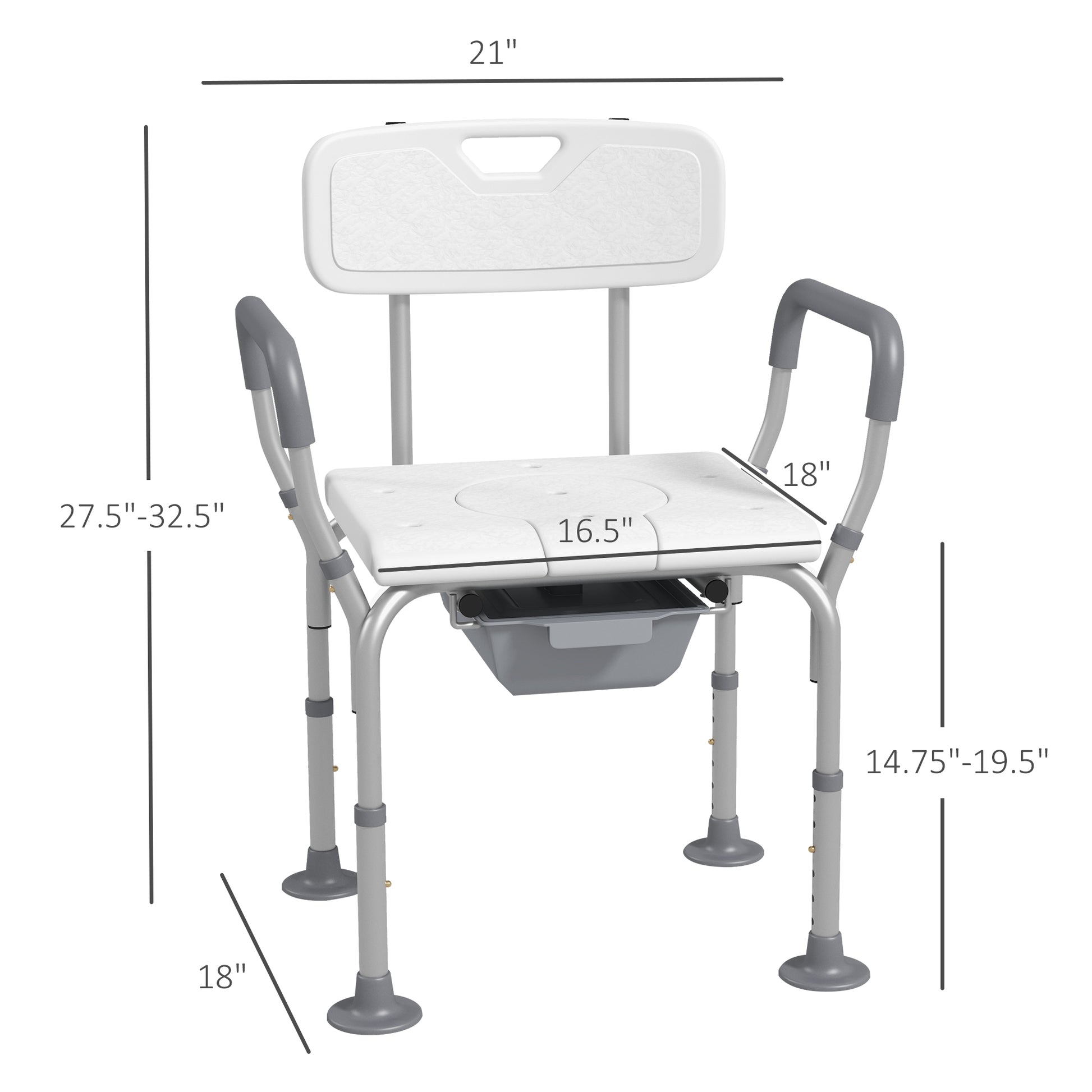 Homcom 3 In 1 Shower Chair With Back And Arms, Height Adjustable Bedside Commode, Raised Toilet Seat With Non Slip Rubber Foot Pad For Seniors, Disabled, White White Aluminum
