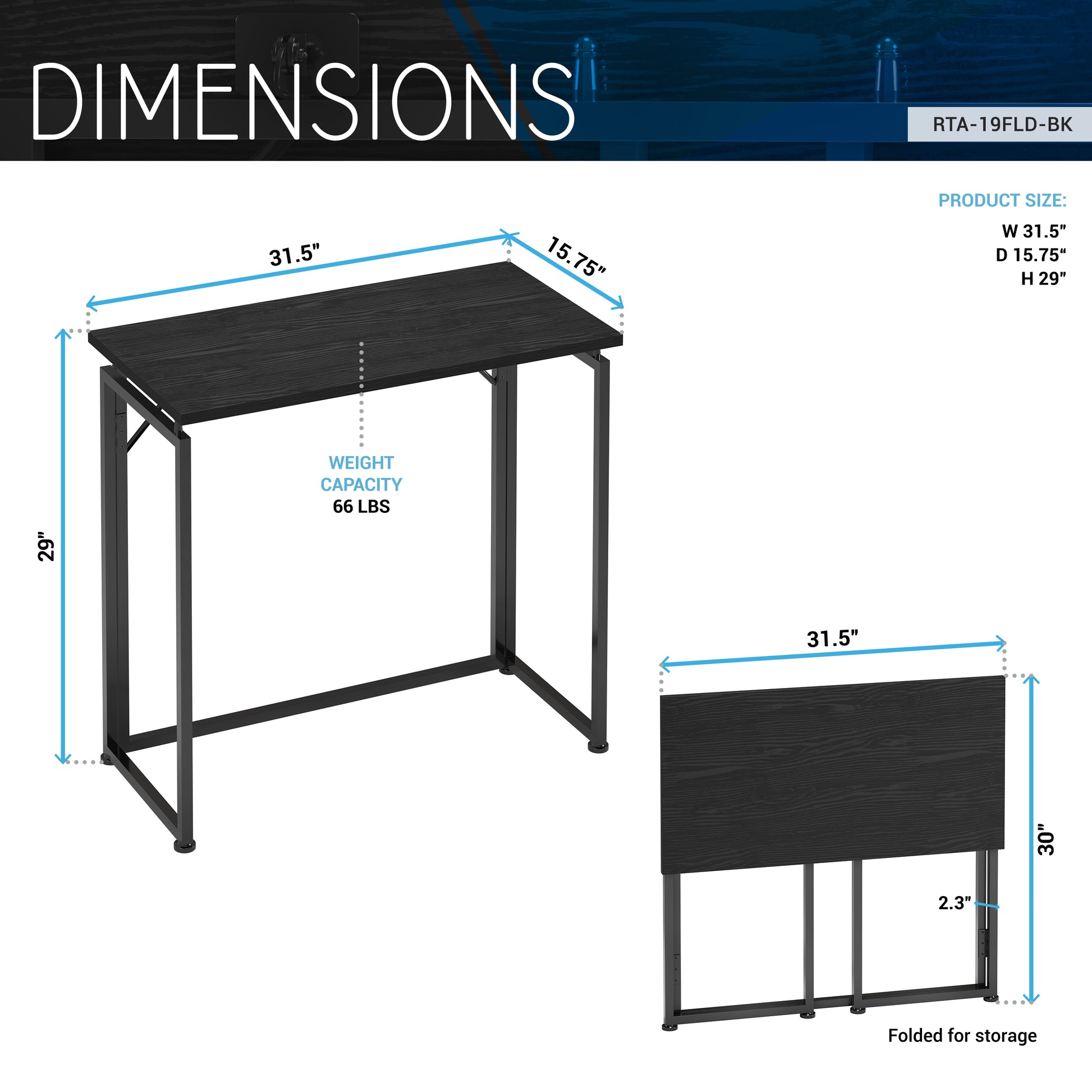 Techni Mobili 31.5 In. Folding Desk For Small Spaces, No Assembly Required, Black Black Office Modern Rectangular Rectangular Particle Board,Steel