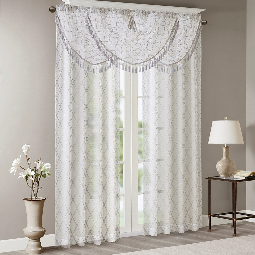 Diamond Sheer Embroidered Waterfall Valance White Grey 38X46" Grey White Polyester