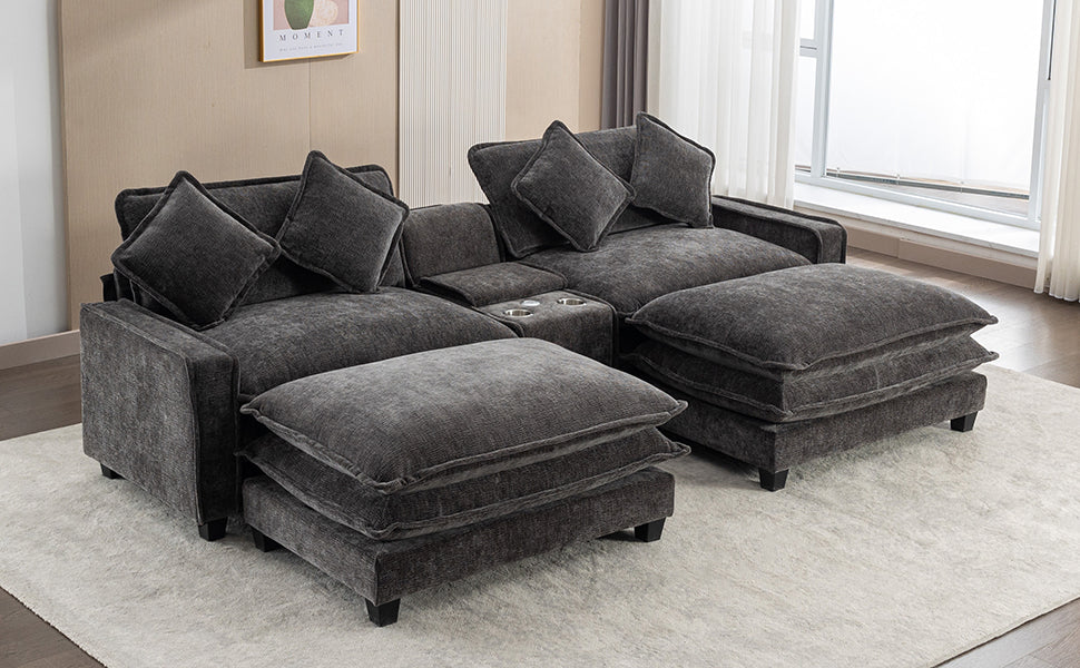 112.6" Sectional Sofa Chenille Upholstered Sofa With Two Removable Ottoman, Two Usb Ports, Two Cup Holders And Large Storage Box For Living Room, Black Black Foam Chenille 2 Seat
