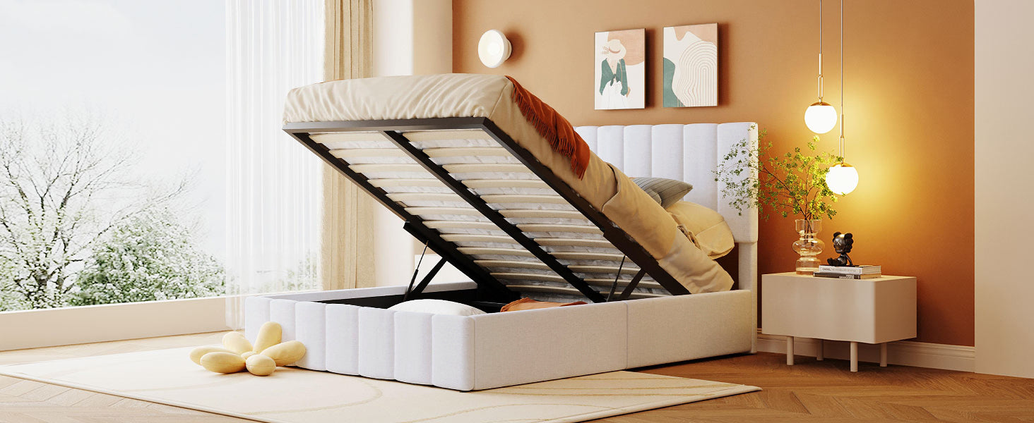 Full Size Upholstered Platform Bed With A Hydraulic Storage System White Old Sku: Lp000111Aak White Upholstered