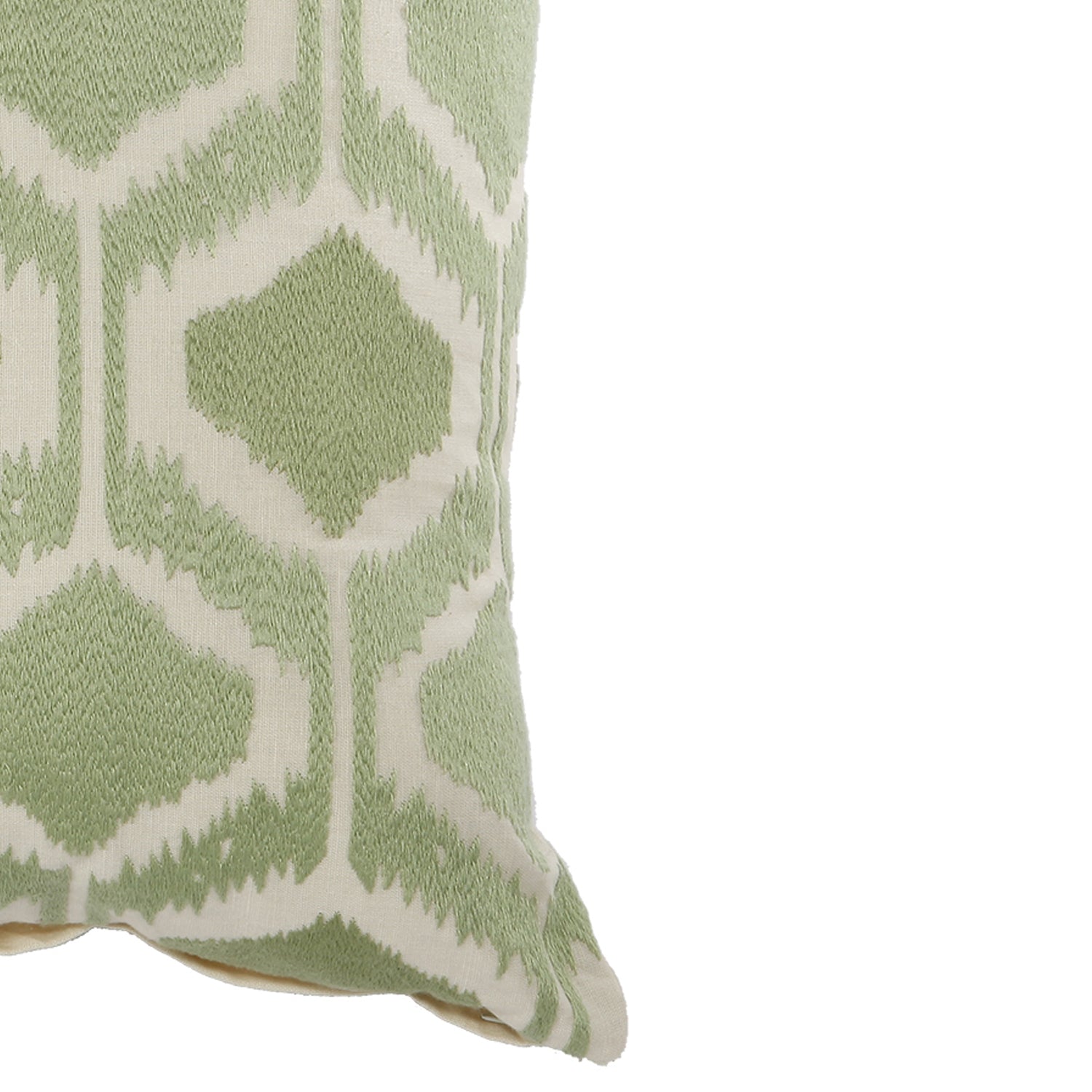 20 X 18 Inch Cotton Pillow With Fretwork Embroidery, Green And White White Green Polyester Blend