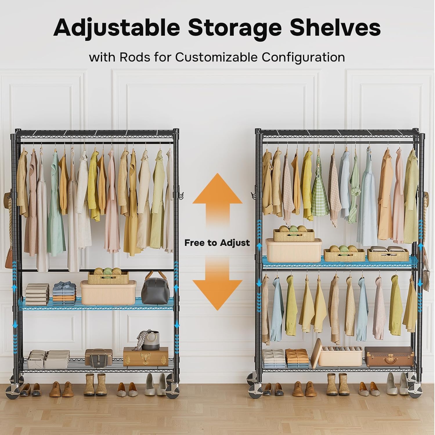 Rolling Clothes Rack, Heavy Duty Clothing Rack, 3 Shelf Portable Adjustable Wardrobe Closet With Wheels, Hanging Rods & Side Hooks, 43.3" W X 17.7" D X 80.3" H, Black Black Steel