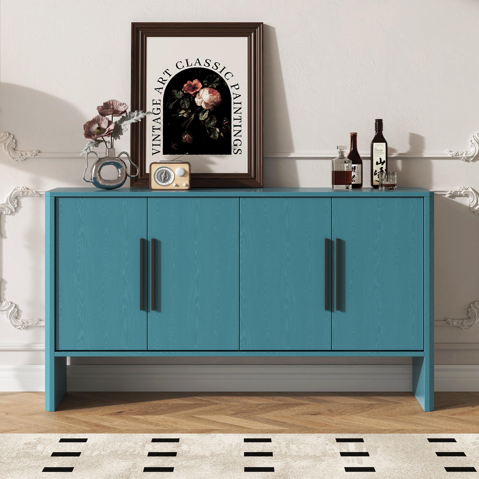 4 Door Large Storage Retro Sideboard With Adjustable Shelves And Long Handles For Kitchen, Dining Room And Living Room Antique Blue Antique Blue Mdf