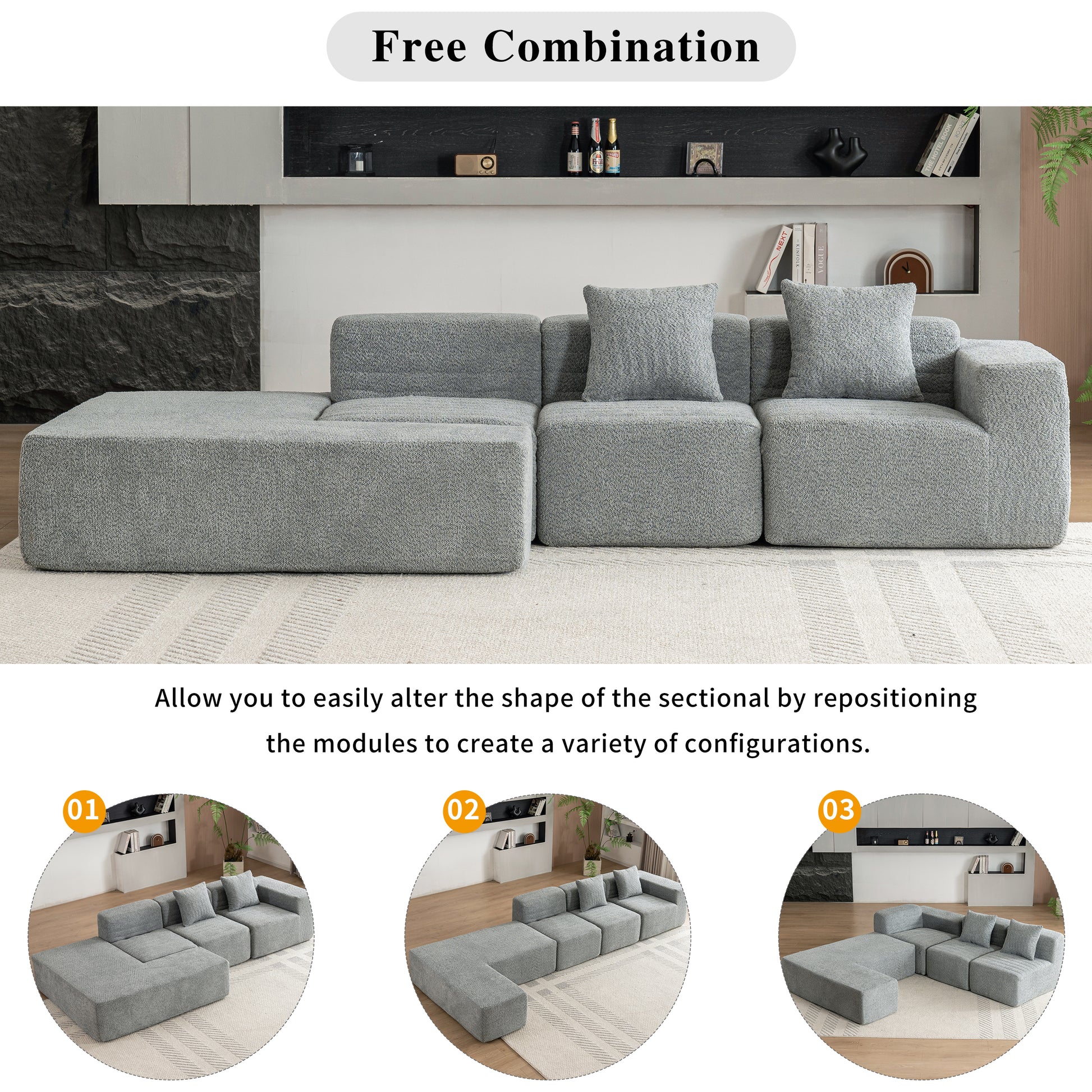 116.5" Sectional Sofa Full Compressed Sofa Couch Free Combined Sofa For Living Room, Grey Grey Foam Polyester 4 Seat