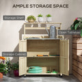 Outsunny Potting Bench, Outdoor Wooden Potting Table With Storage Cabinet With 2 Shelves, Garden Work Bench With Galvanized Plated Tabletop For Backyard, Balcony, Natural Natural Wood