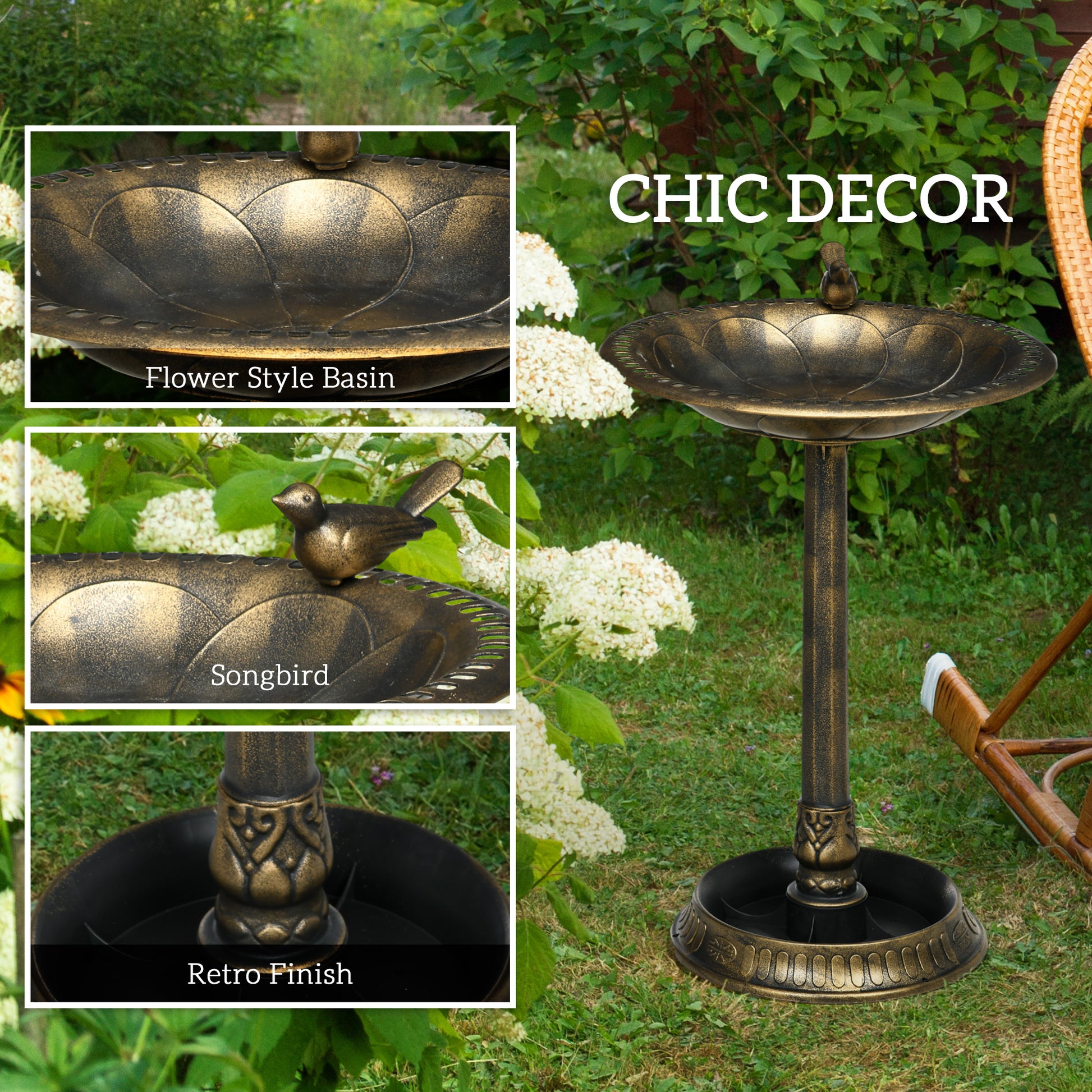 Outsunny 28" Antique Bird Bath With Pedestal Flower Planter Base, Vintage Style Decorative Birdbath & Bird Feeder Bowl, Decoration Yard Statue, Bronze Bronze Polypropylene