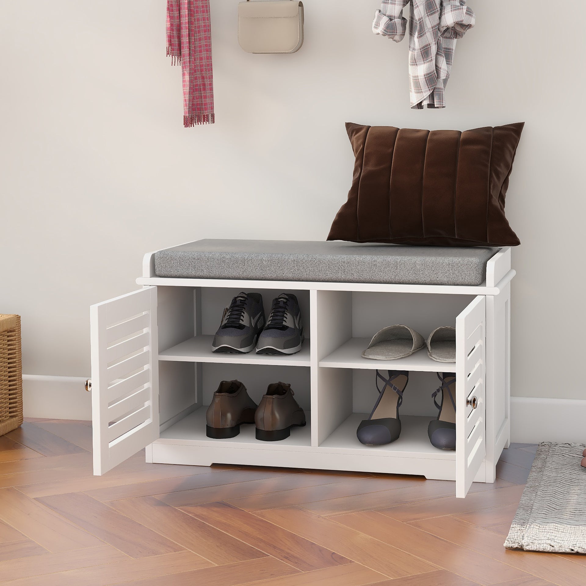 Shoe Storage Bench With Padded Seat Cushion, Entryway Bench With 2 Barn Doors White White Mdf