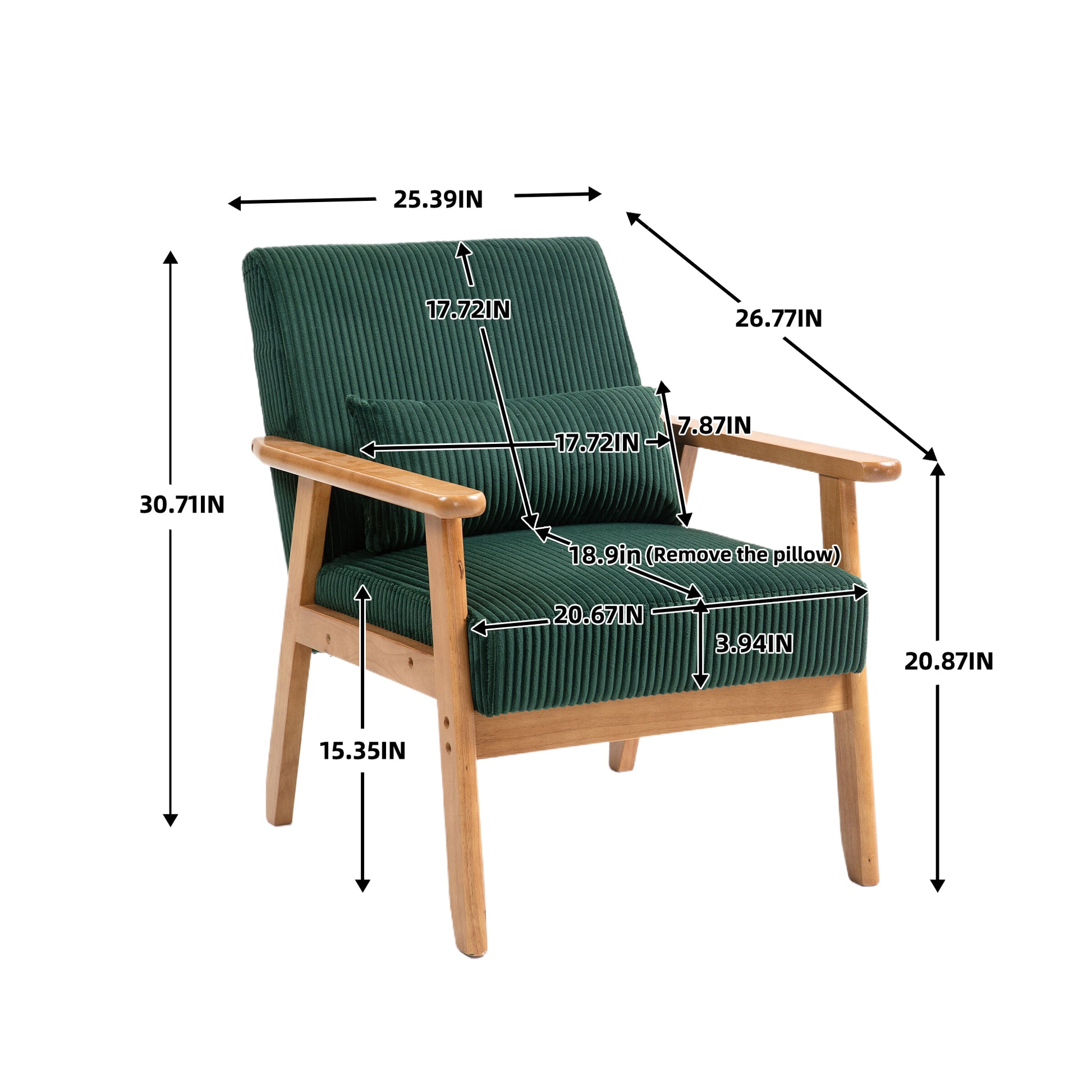 Leisure Chair With Solid Wood Armrest And Feet, Leisure Chair, Wood Frame, Velvet, L, Solid Rubber Wood Legs, Mid Century Modern Accent Chair, For Living Room Bedroom Studio Chair Emerald Corduroy