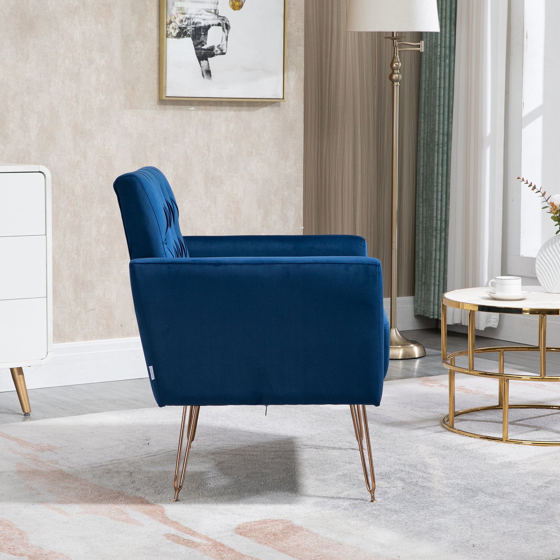 Coolmore Velvet Armchair Single Sofa Modern Tufted Upholstered Side Reading Chairs With Arm And Gold Metal Leg For Living Room Bedroom Navy Navy Foam Velvet